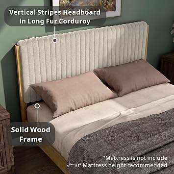 Homes: Inside + Out Evadne Modern Corduroy Queen Low Profile Platform Bed Frame with Channel Tufted Headboard and Wood Slats, No Box Spring Needed for Bedroom, Guest Room, Light Brown