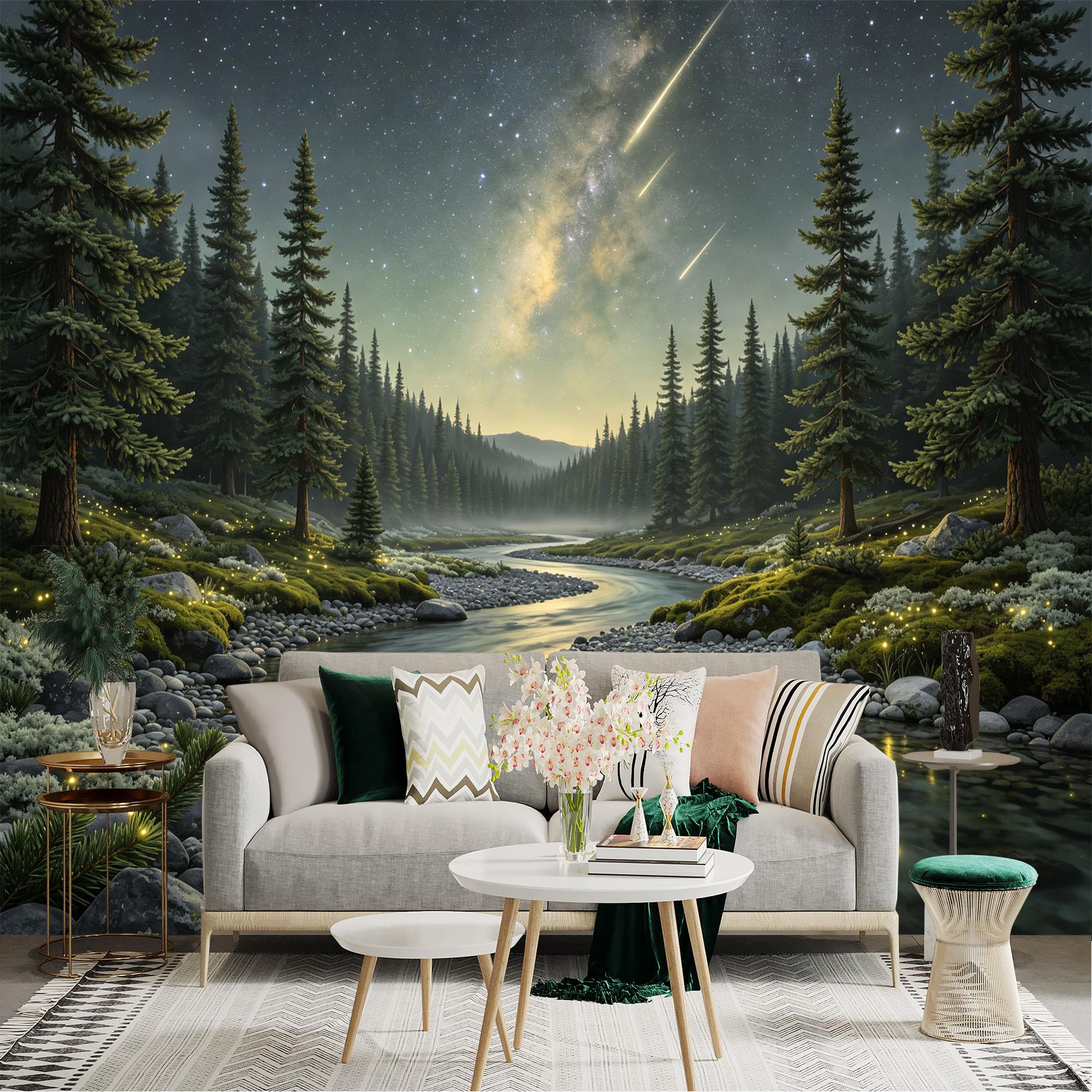 Lnzczhyre Bh260719128 Custom Size Wall Sticker Mural， Milky Way Over River， Enchanted Forest， Glowing Fireflies， Scenic Landscape， For Wall Decoration， Peelandstick Wall Decals.