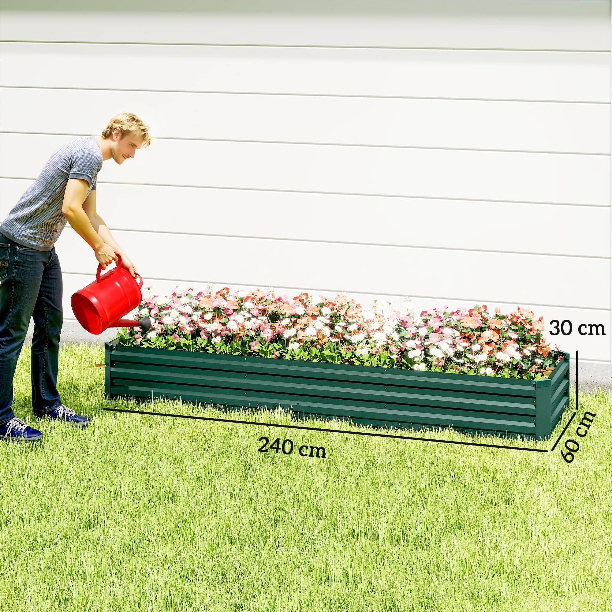 Outsunny Carré Potager Rectangulaire Acier Galvanisé 240x60x30cm Vert | Lit de Jardin Surélevé, Fond Ouvert, Jardinière avec Coins de Protection