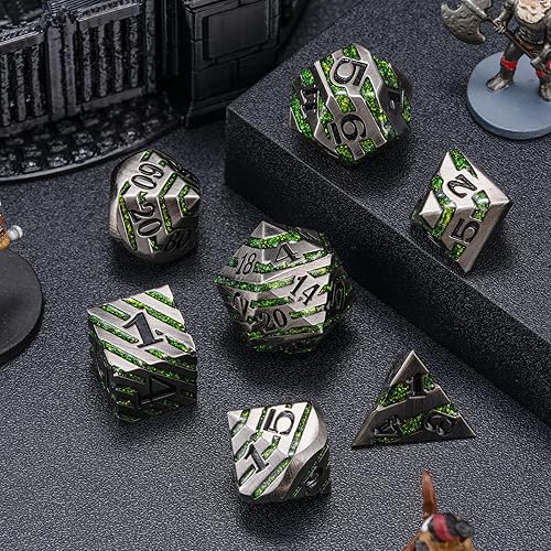 Miniatura 6 de Maywin Juego de dados de metal a rayas D&D, 7 dados de metal sólido con purpurina con caja de regalo, juego de dados poliédricos RPG para juego de