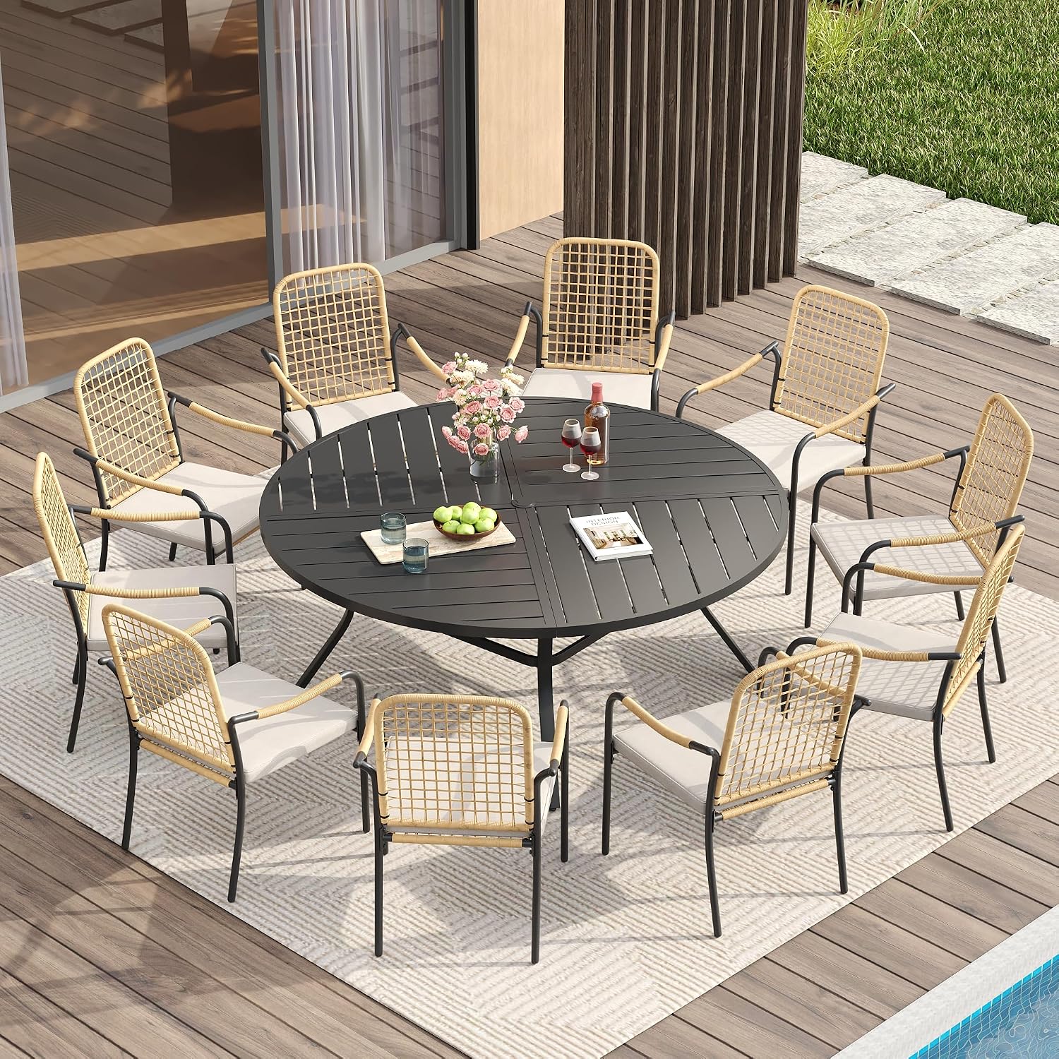 VICLLAX Patio Dining Set for 6, 7 Pieces Outdoor Furniture Set- 53" Round Outdoor Table and Swivel Chairs for Lawn Garden and Deck, Walnut Table