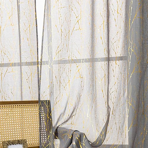 Miniatura 6 de Deeprove Cortinas Semitransparentes Grises de 63 pulgadas de Largo 2 Paneles, Estampado de Lámina Dorada de Rama de Árbol Metálico para Dormitorio