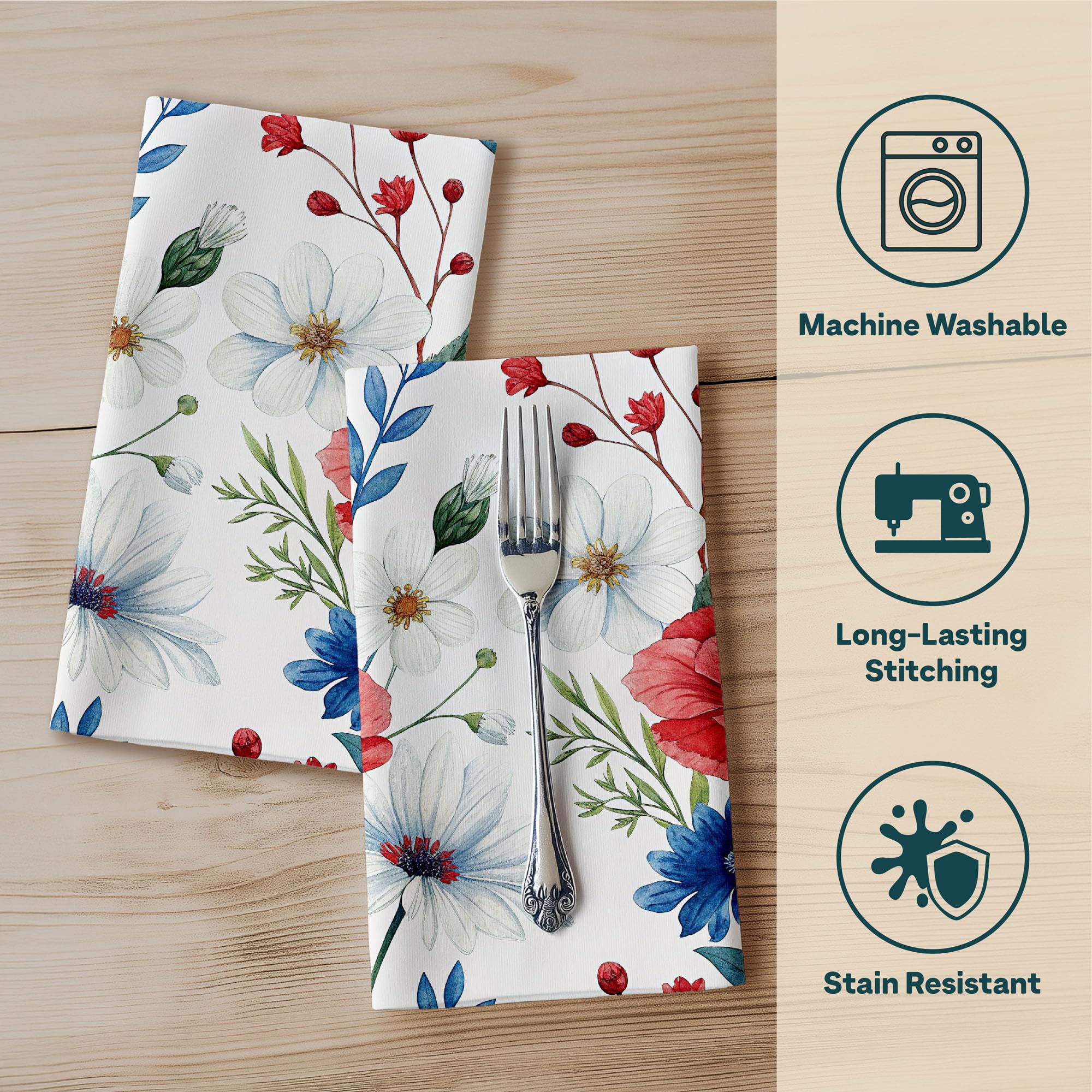 Fourth of July Cloth Napkins | Red White and Blue | Spring Floral Napkins | Patriotic Table Decorations | Absorbent, Washable, Reusable, Stain & Wrinkle Resistant | Made in America - 4pack