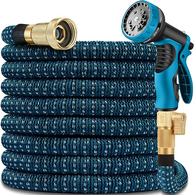 100 ft Expandable Garden Hose - All New 2025 Retractable Water Hoses with 3/4" Solid Brass Fittings, Extra Strength Fabric, 4-Layers Latex - Flexible Expanding Hose with 10 Pattern Spray Nozzle