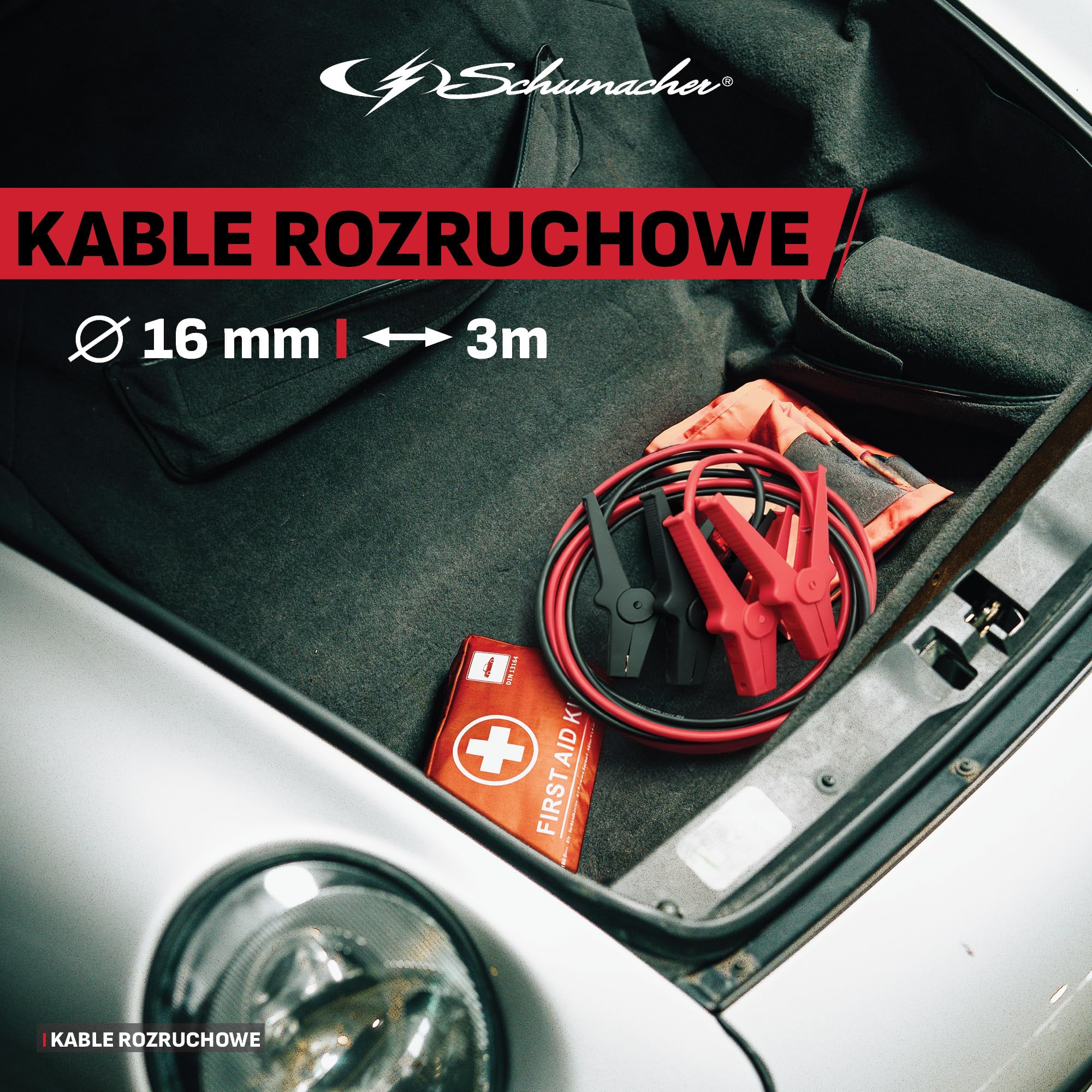 Schumacher Electric - Kable rozruchowe 3m, 16mm2 - Akumulator 6V/12V/24V - Do samochodu, furgonetki, kampera - Izolowane zaciski, torba nylonowa - Certyfikat GS/TUV