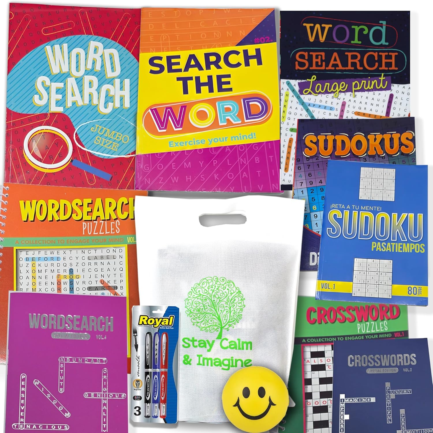 Activity & Puzzle Books Bundle for Adults - 13 Item (Get Well Soon) in a Tote Bag. Word Search, Crossword, Sudoku Pens & Brain Teasers for Seniors, Recovery, Hospital, Surgery Rehab, Brain Exercise