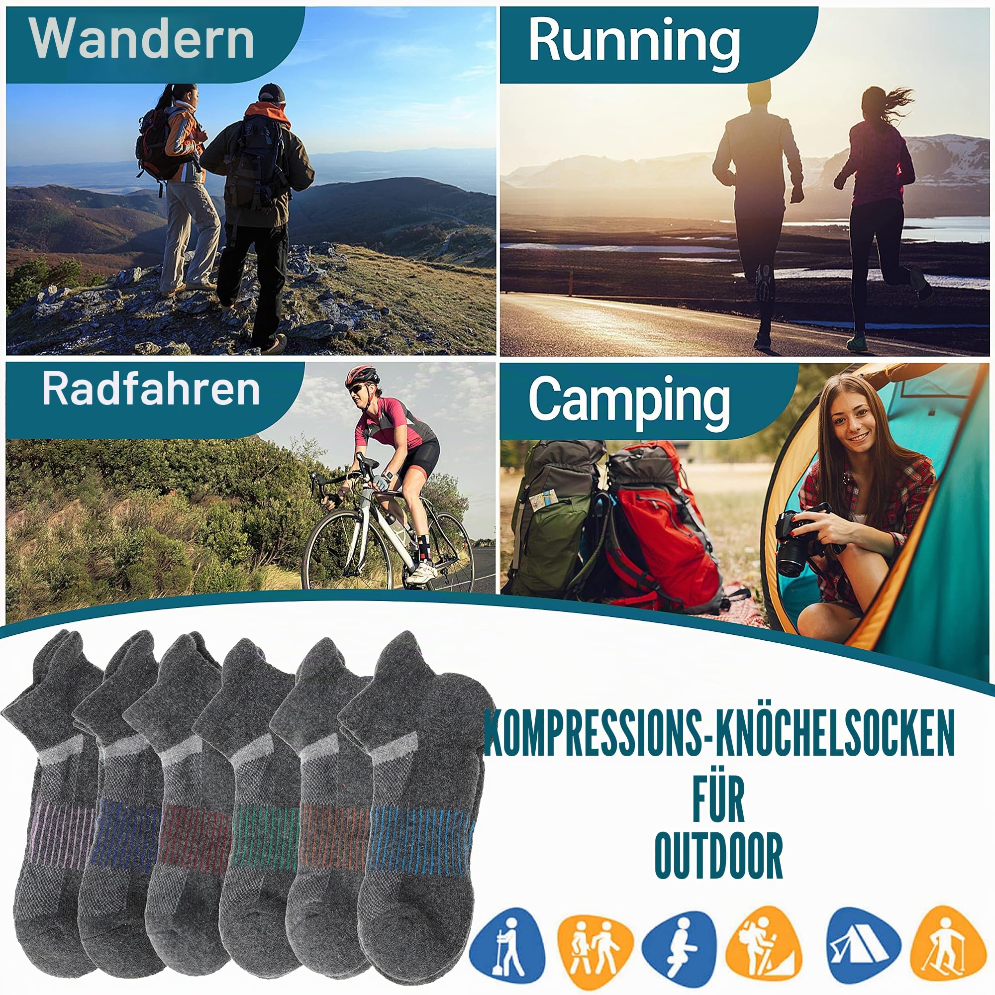 Anlisim Merino Wandersocken Kurz Sneaker Socken, Dicke Wollsocken, Warme Wolle Laufsocken, Kompressions Sportsocken Thermosocken Geschenke Wintersocken für Herren Damen, 6 Paar (Grau,M)