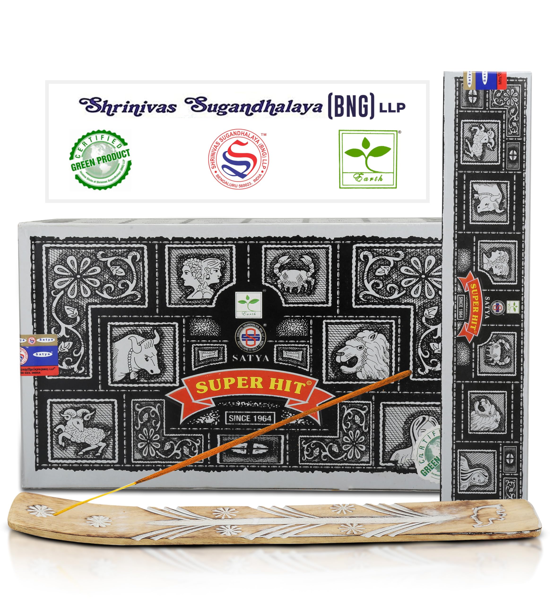 Satya Super Hit Incense Sticks, Satya Bng (Bangalore) Insenses 15gmx12 Pack with Raajsee Incense Holder Bundle, Satya Nagchampa Natural Incense