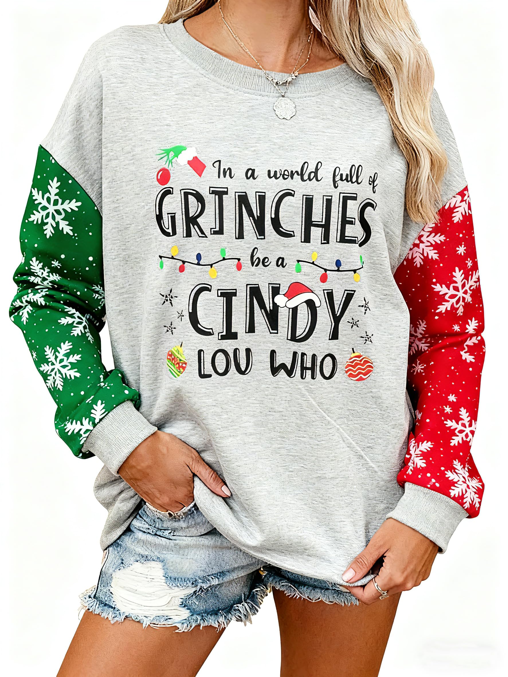 Fiscrat Cindy Lou Who Oversized Sweatshirt Christmas Vintage Long Sleeve Tops Hoodies for Women Xmas Lightweight Sweatshirts