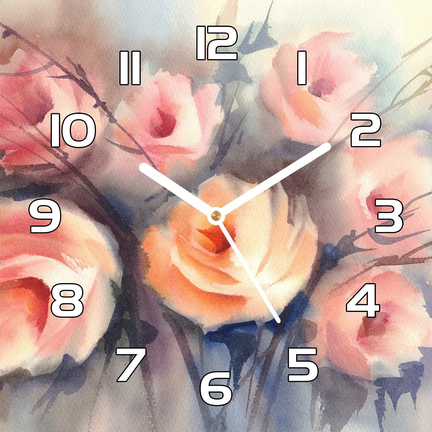 Horloge en verre cuisine salon moderne décor floral roses orange 30x30 cm