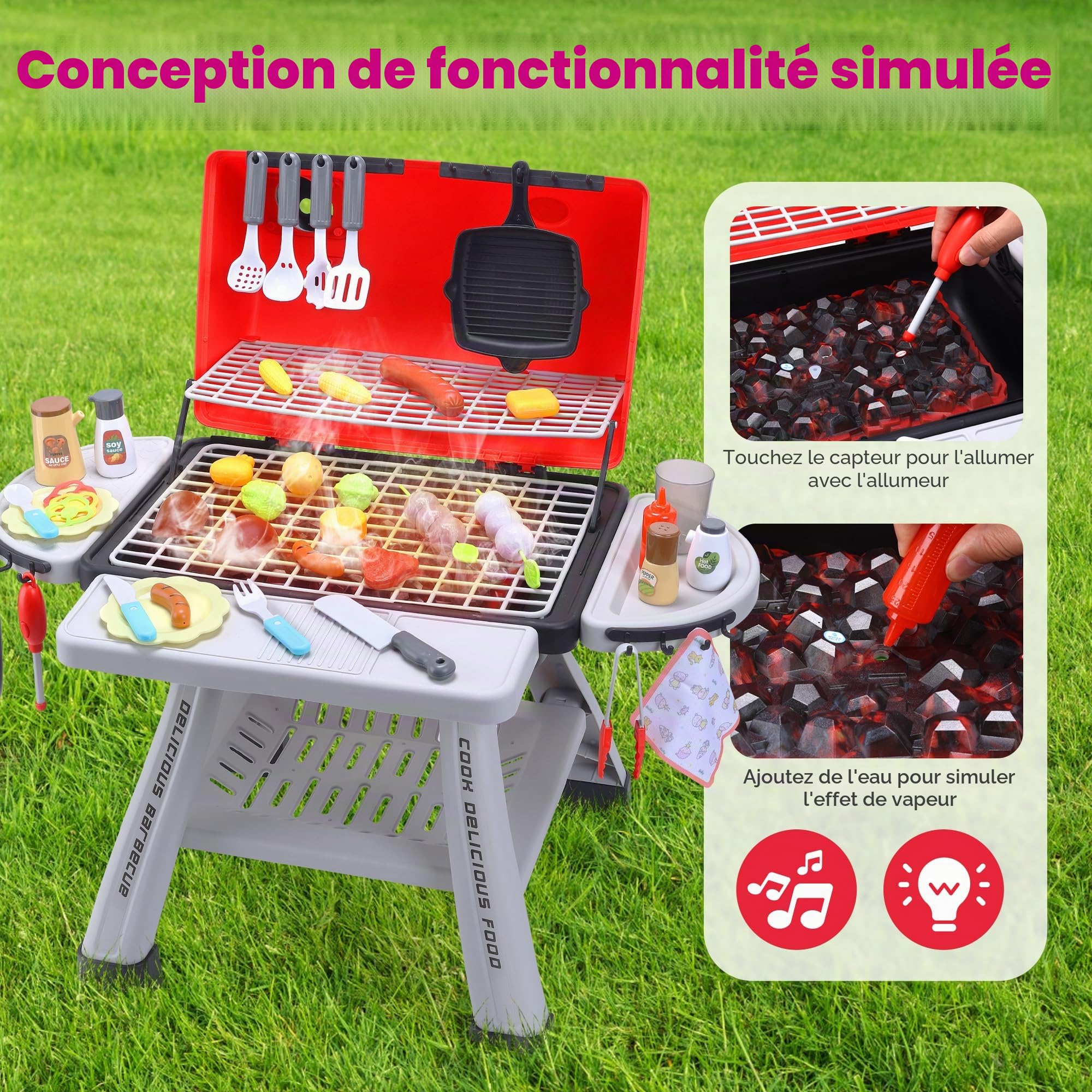 CUTE STONE Jouet de Barbecue pour Enfants, Ensemble de Jouets de Cuisine, Ensemble de Jeu de Barbecue à fumée réaliste avec Accessoires de Cuisine