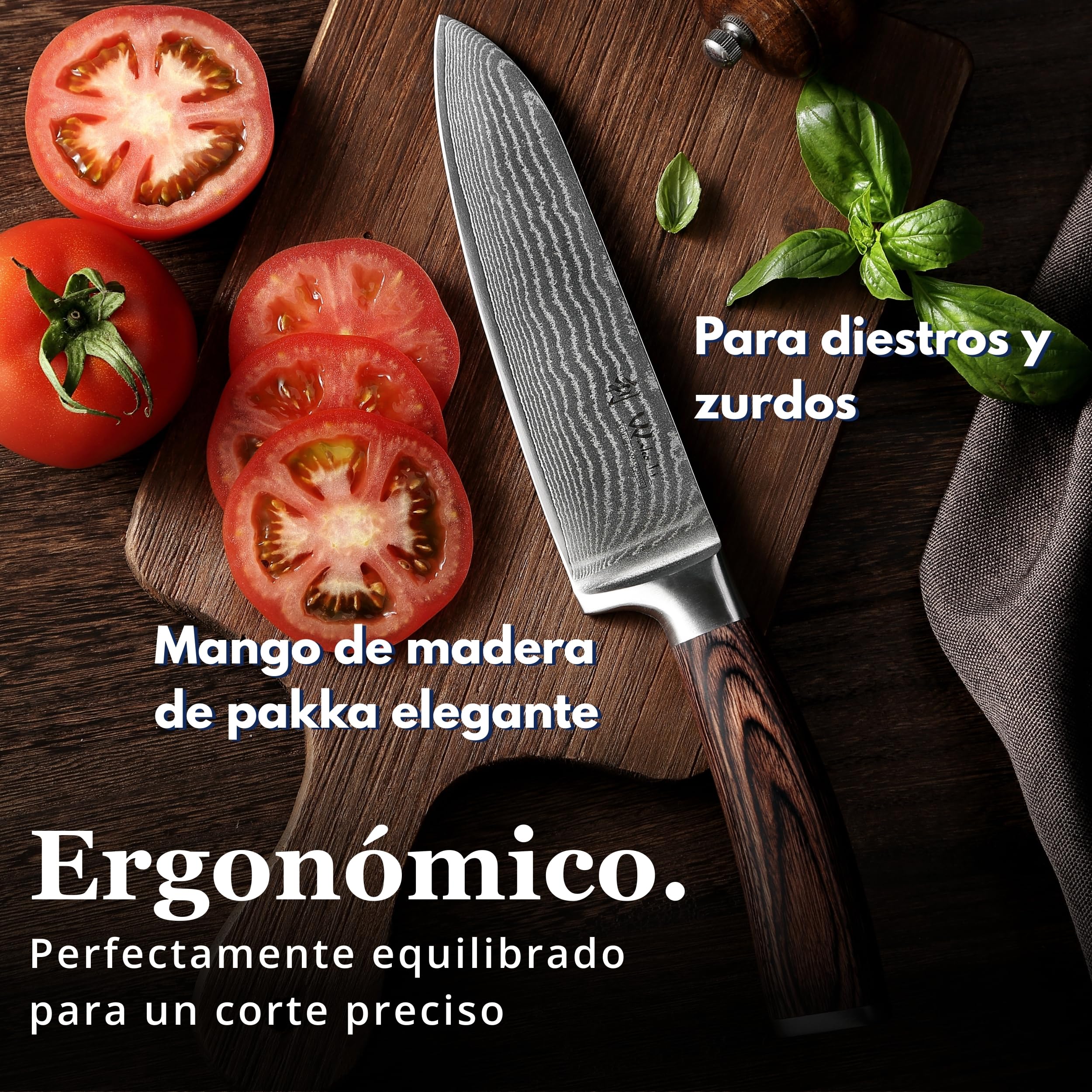 WAKOLI EDIB cuchillo Santoku de 17 cm en acero de damasco de 67 capas con núcleo VG10, mango de madera Pakka, para carne, pescado y verduras, con caja de regalo