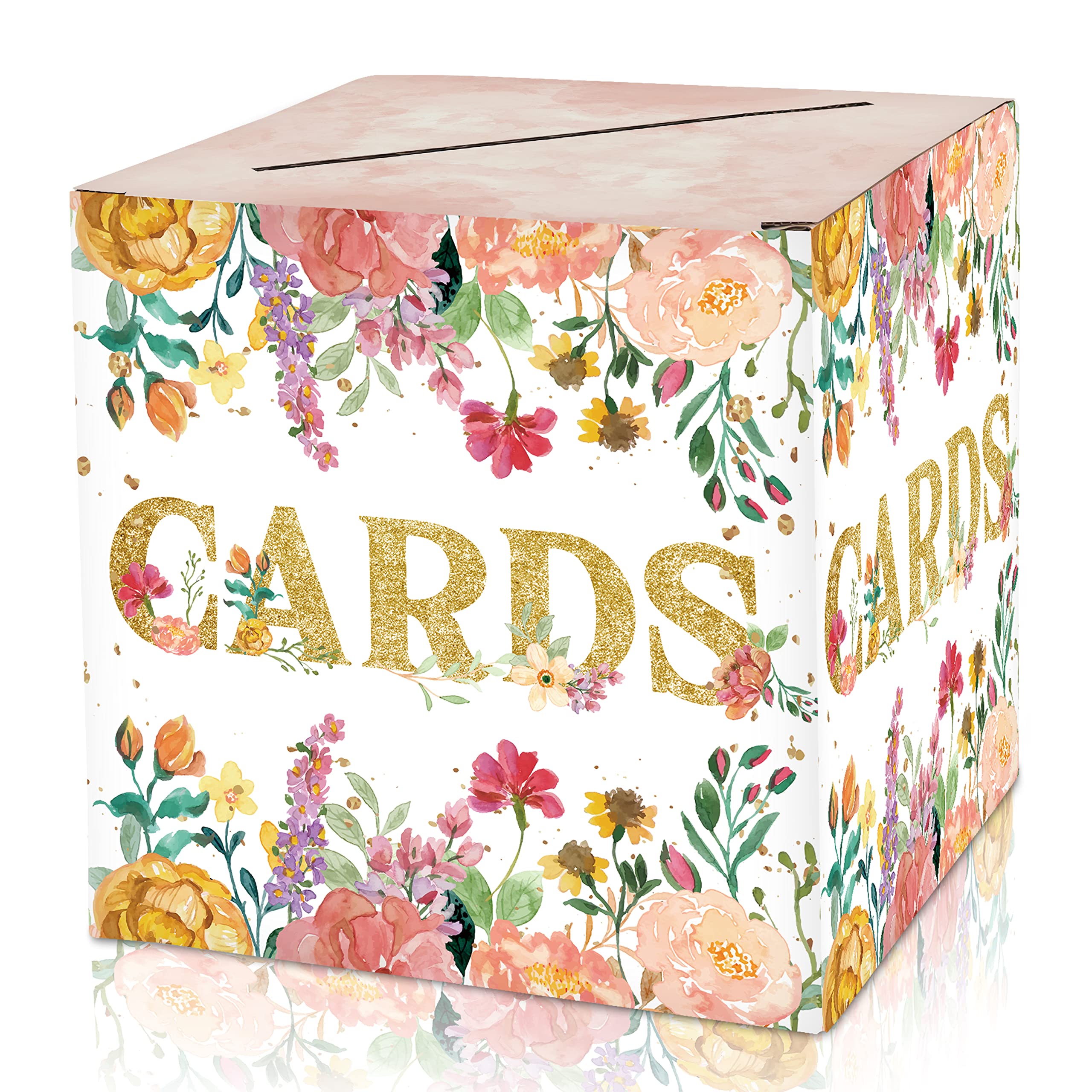 Floral Card Box - Watercolor Collapsible Money Box or Gift Box for Baby &amp; Bride Shower, Birthday, Wedding Reception, Engagement Party, Graduation - 8"x8"x8" Party Favors Decorations Boxes(06)