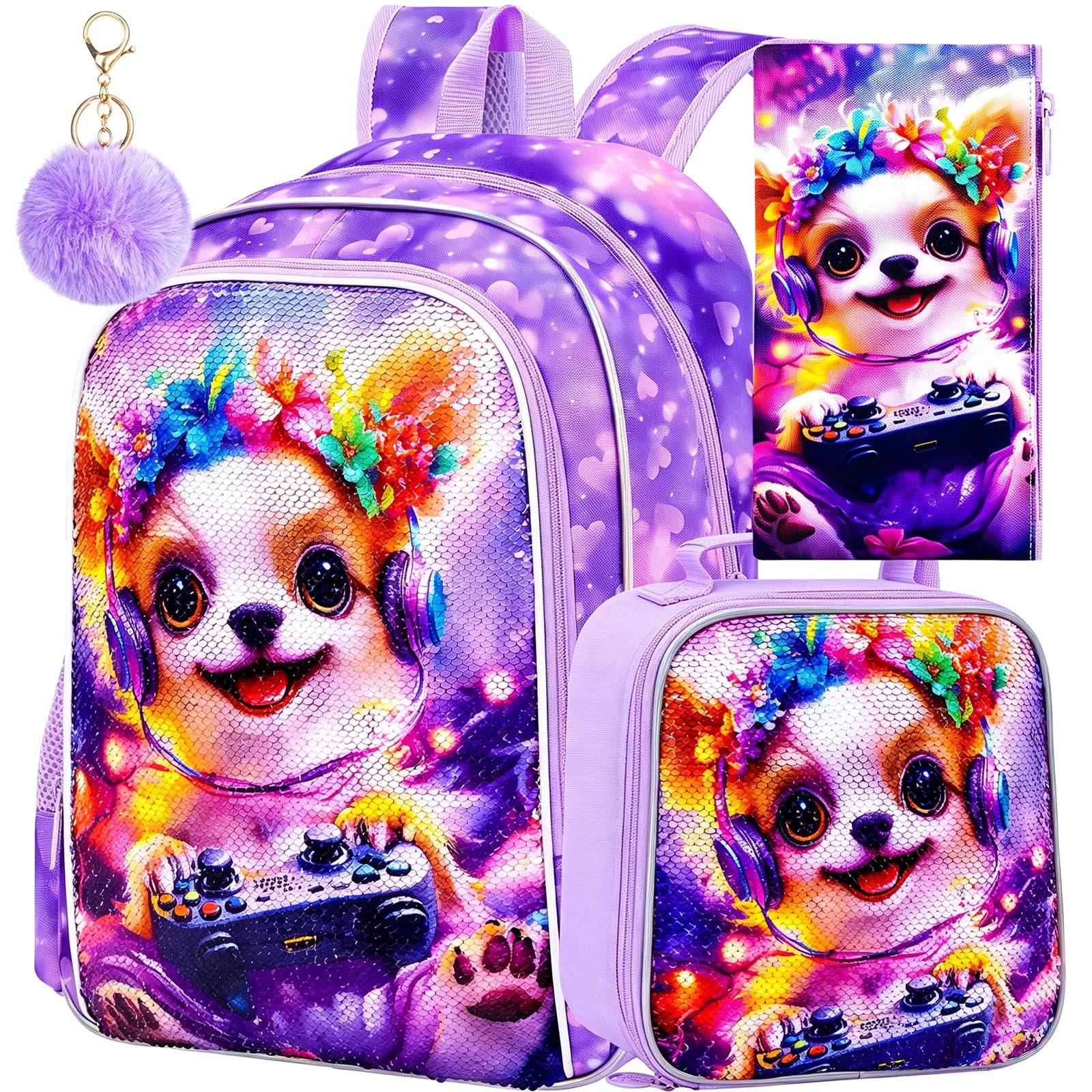 CCJPX 3Pcs Dog Backpack for Girls, 16" Kids Sequin Bookbag with Lunch Box, Cute Water Resistant Schoolbag for Preschool Kindergarten Toddler(Purple)
