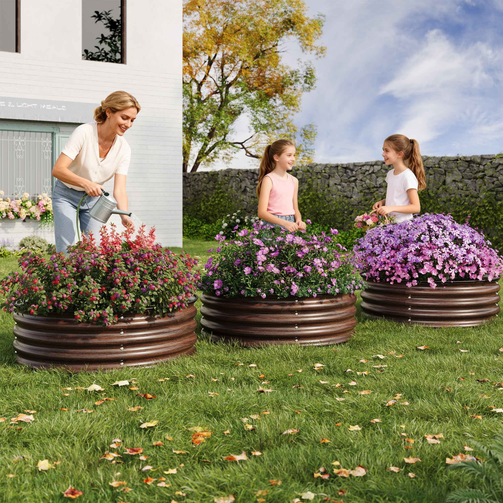Lot De 3 Jardinière Surélevée Ronde en Acier Galvanisé 60x60x28 cm, Antirouille Anticorrosion, Joints Protecteurs & Fonds Ouverts, pour Légumes, Fruits, Fleurs, Herbes Aromatiques, Balcon