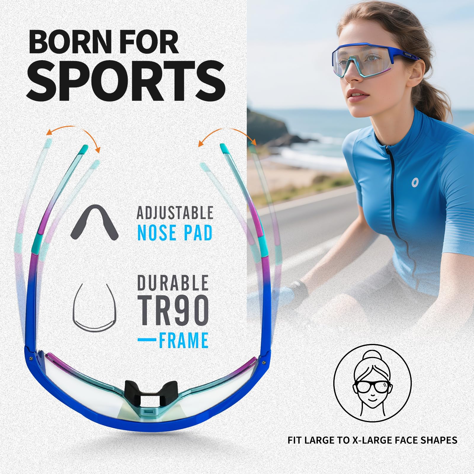 Photochrome Sport-Sonnenbrille XL für Herren und Damen, TR90-Rahmen, Fahrradbrille für Baseball, Laufen, Wandern