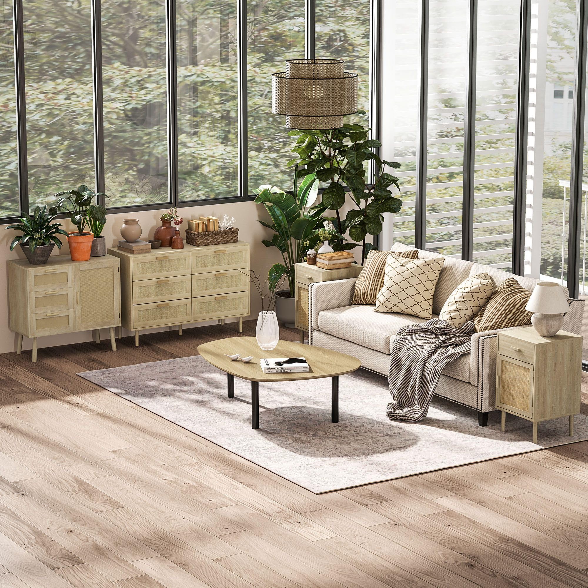 HOMCOM Juego de 2 Mesitas de Noche con Cajón de Ratán 40x40x68,5 cm Roble | Mesillas de Noche, Mesitas Auxiliares, Estante Ajustable, Pack de 2, Dormitorio, Salón