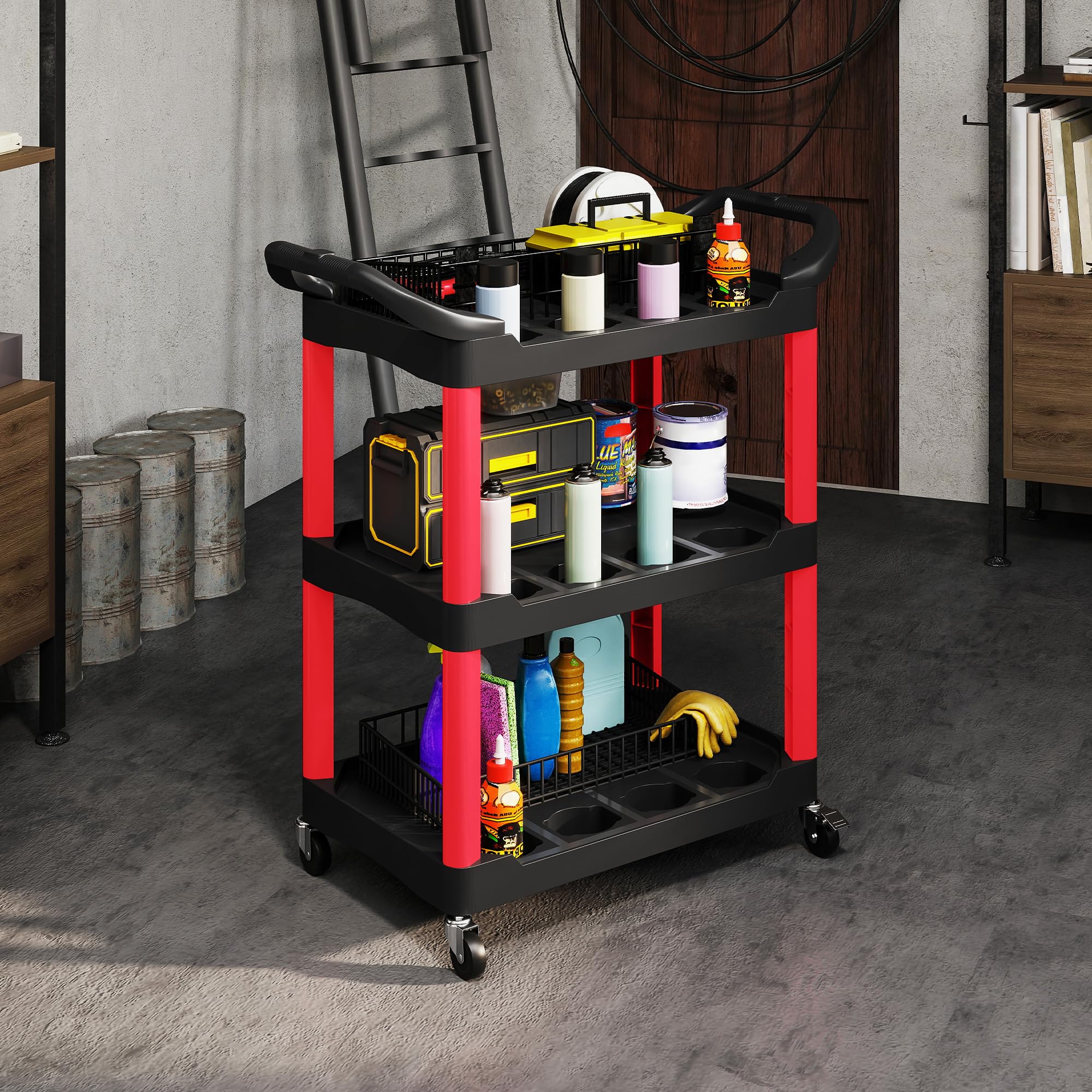 HOMCOM Chariot d'atelier servante Atelier Chariot à Outil à 3 Niveaux avec poignée latérale, desserte Atelier pour Garage, entrepôt, Outils de Bricolage, Charge 91 Kg, 83 x 43 x 97 cm, Noir et Rouge