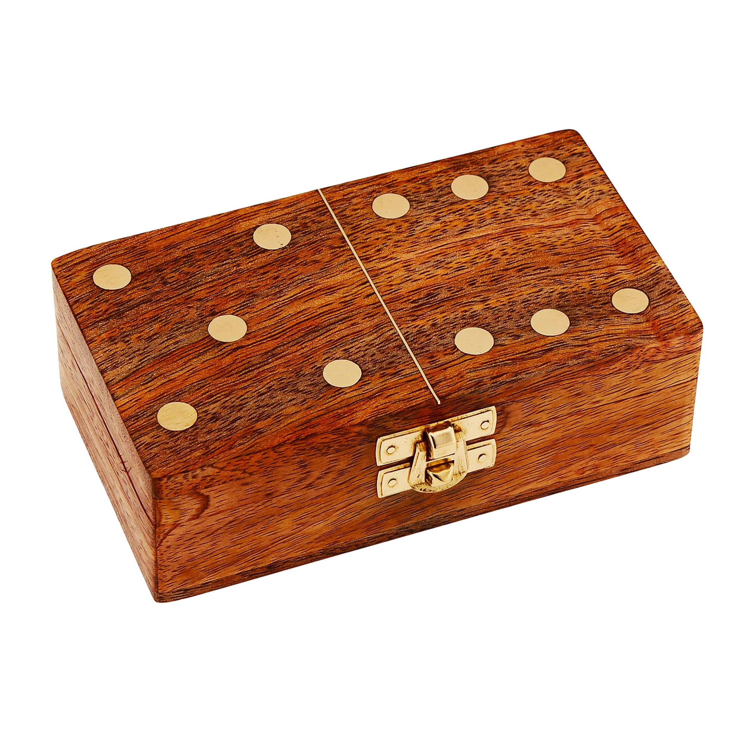 NKlaus Compact Mango Wood/Brass Domino Box, 14.5 x 8 x 4.5 cm - Nautical Domino Set, Retro Design 15938