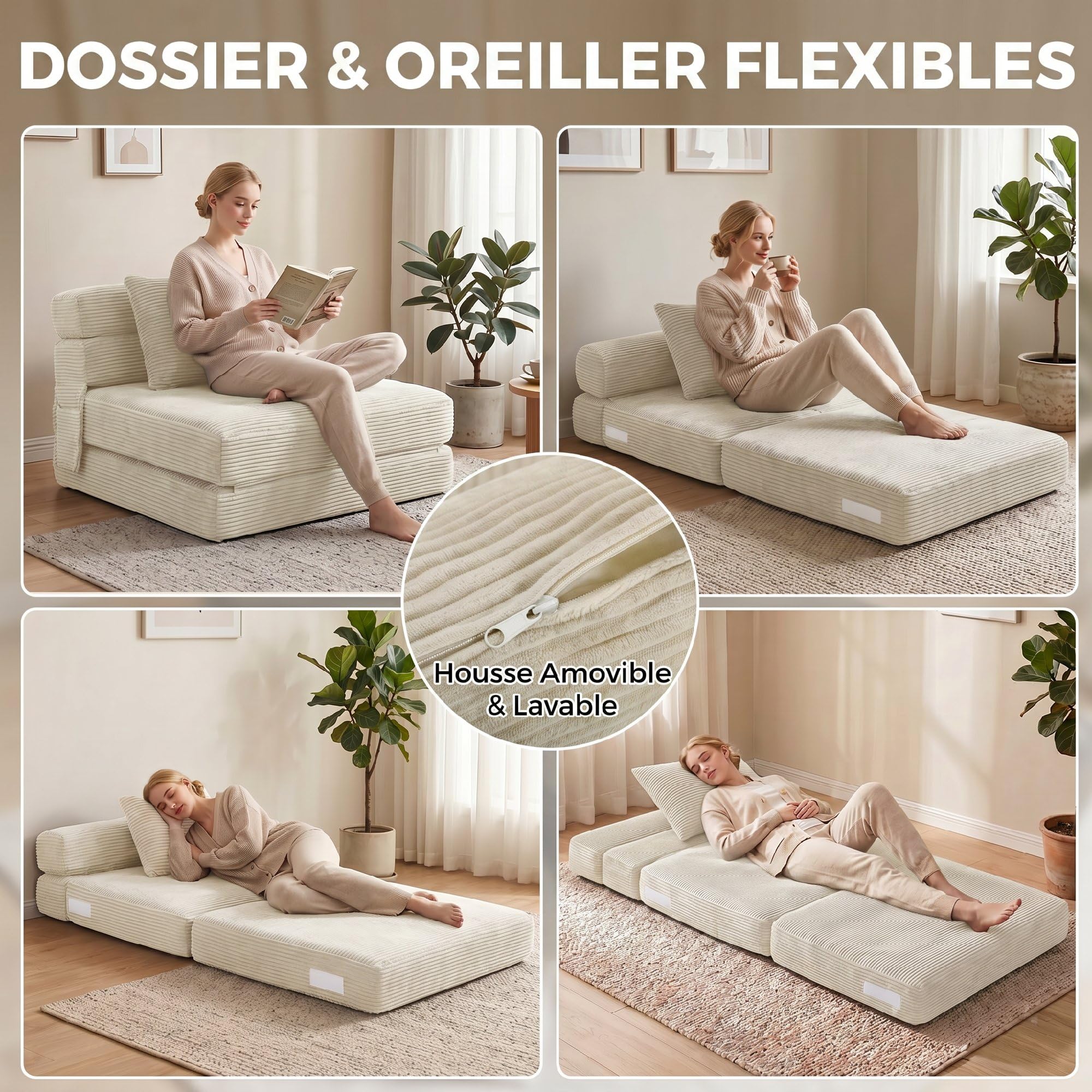 HOMCOM 2-in-1 Divano Letto Pieghevole Chaise Singolo 100 cm Crema