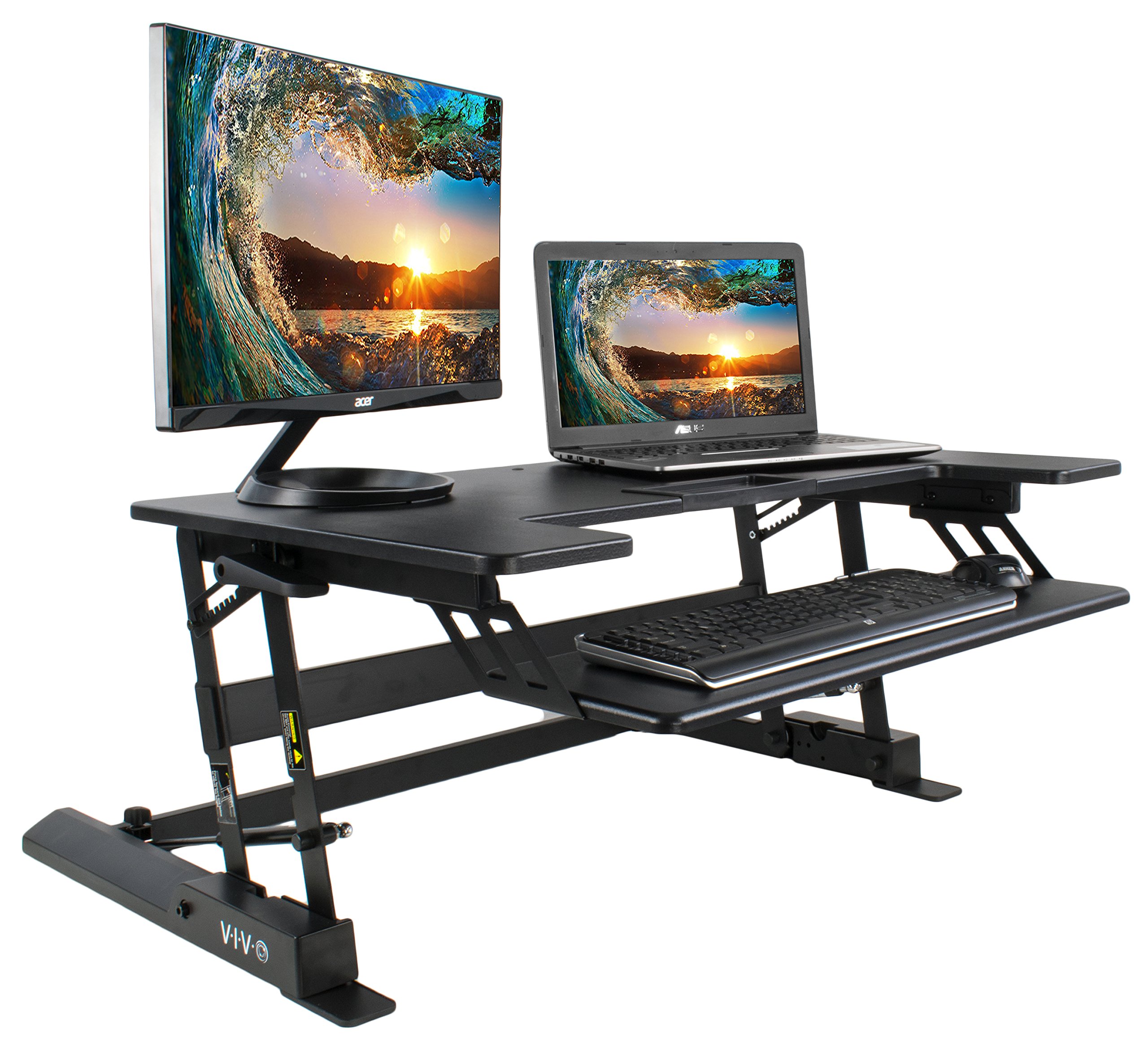VIVO DESK-V000B standing desk converter with dual monitors and keyboard