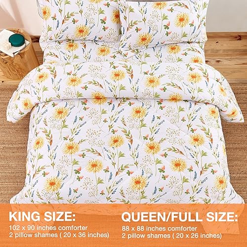 Miniatura 2 de JSD Juego de edredón de 3 piezas con estampado floral amarillo, tamaño King, edredón ligero de microfibra botánica para todas las estaciones con