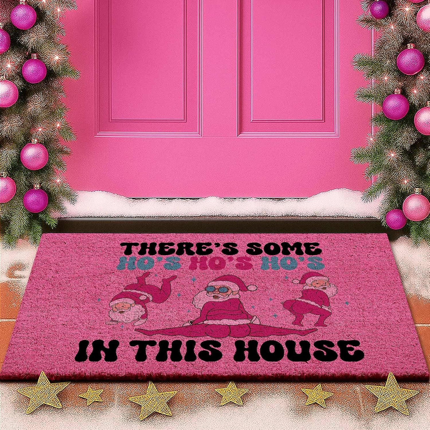 Lanpn Christmas Welcome Natural Coir Door Mat, Santa Large Coco Front Door Outdoor Doormat Outside Entrance Porch Non Slip Rubber Rug Winter Xmas Farmhouse Decor (Pink, 36x24 inch) Santa-pink 2' x 3' (Rectangular)