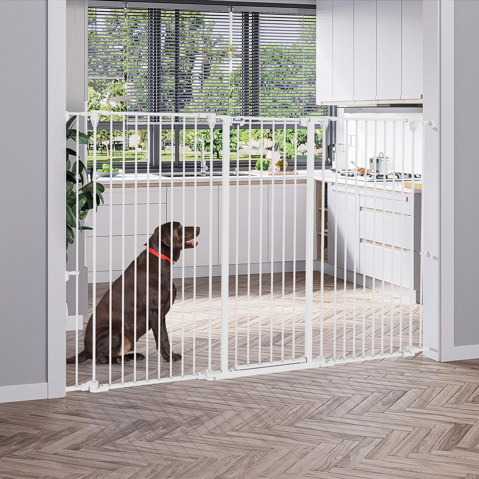 PawHut - Barrera de seguridad para perros de acero con 3 paneles plegables con doble cerradura y puerta integrada para puerta y escalera, 206 x 120 cm, color blanco