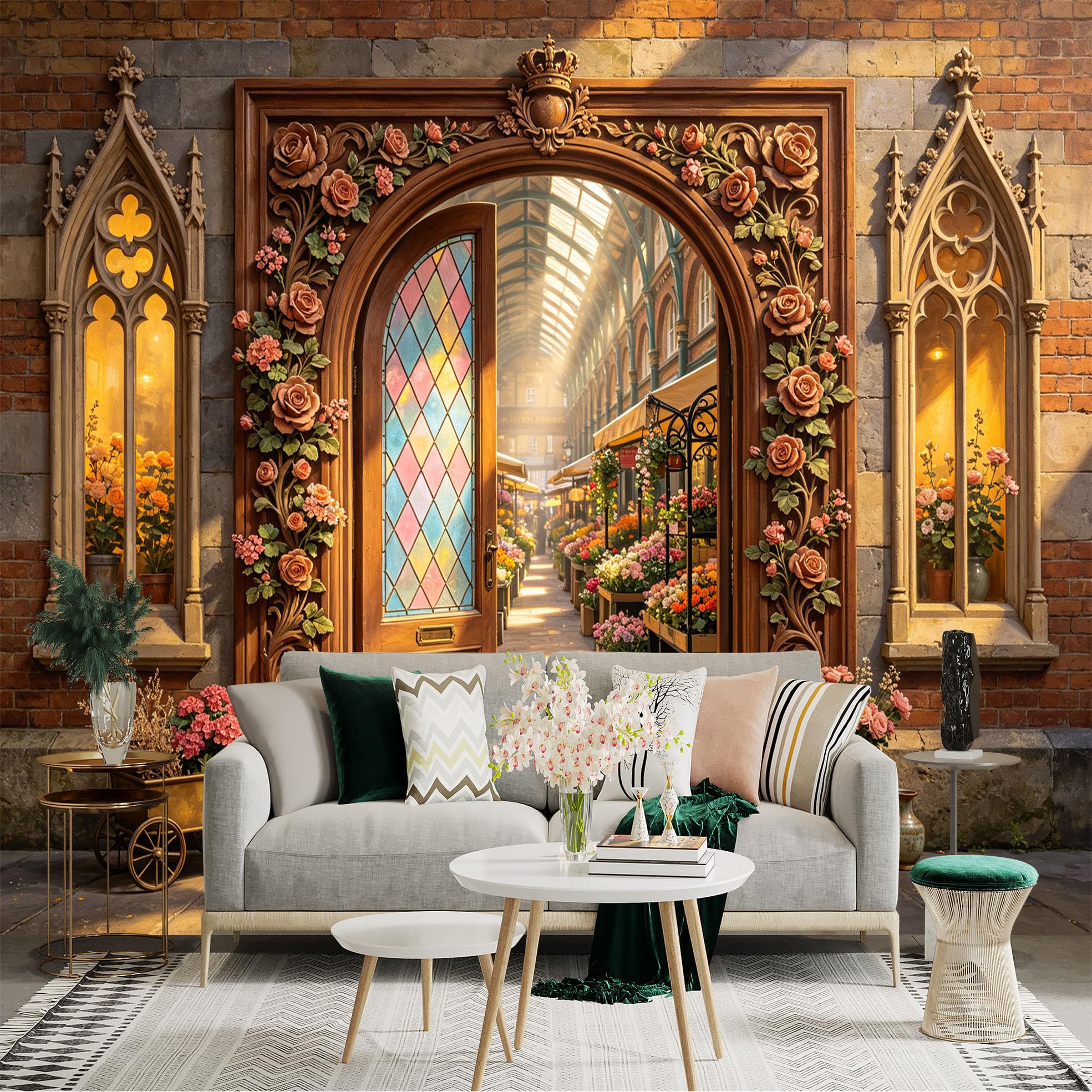 Custom Size Wall Sticker Mural， Vintage Floral Market Archway with Stained Glass Door and Rose Garden， for wall Decoration， peelandstick wall Decals.