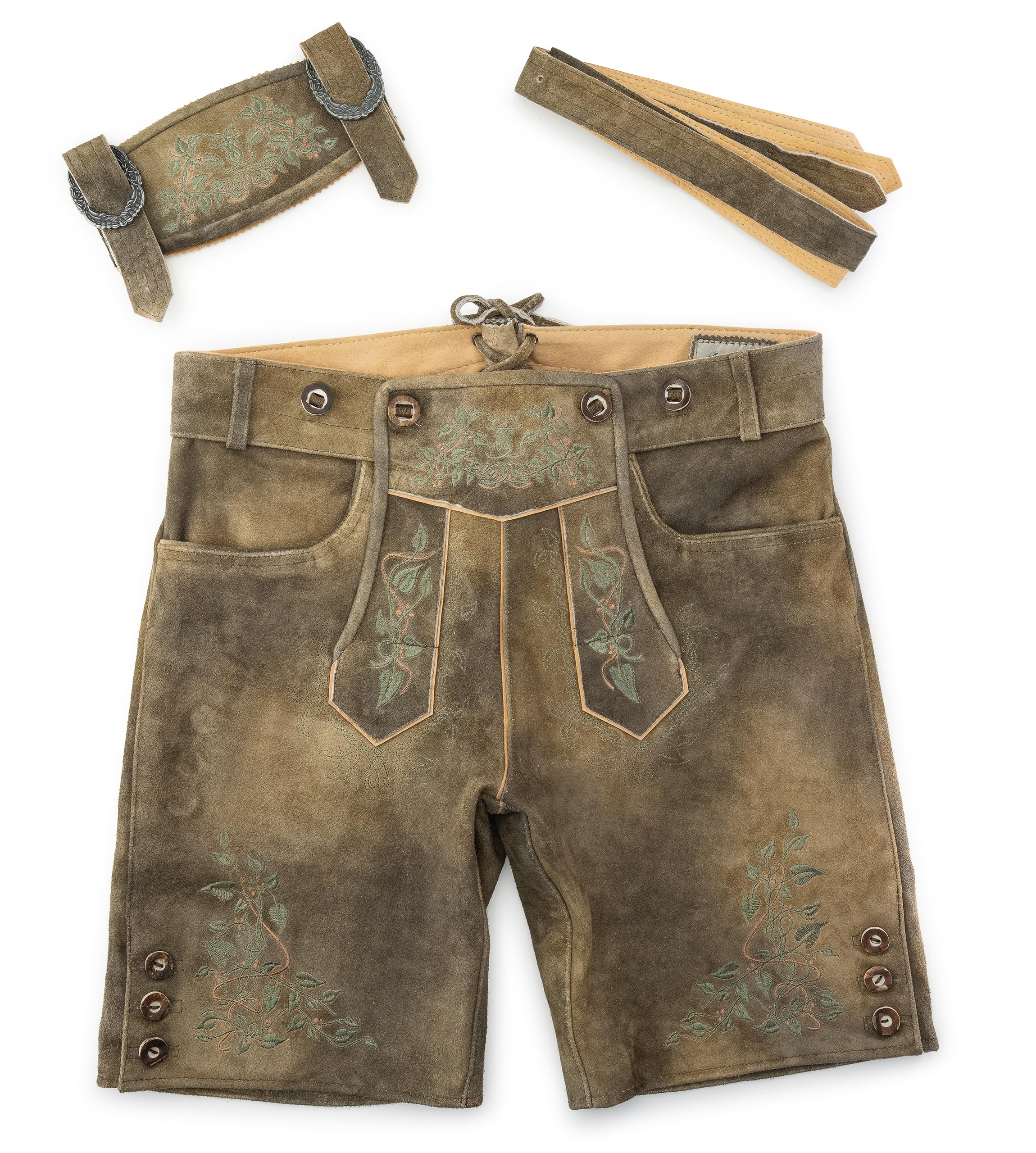 Schöneberger Trachten Couture Herren Trachtenlederhose braunes Leder - grüne Stickereien - Klassische Lederhose inkl. Hosenträger für Oktoberfest