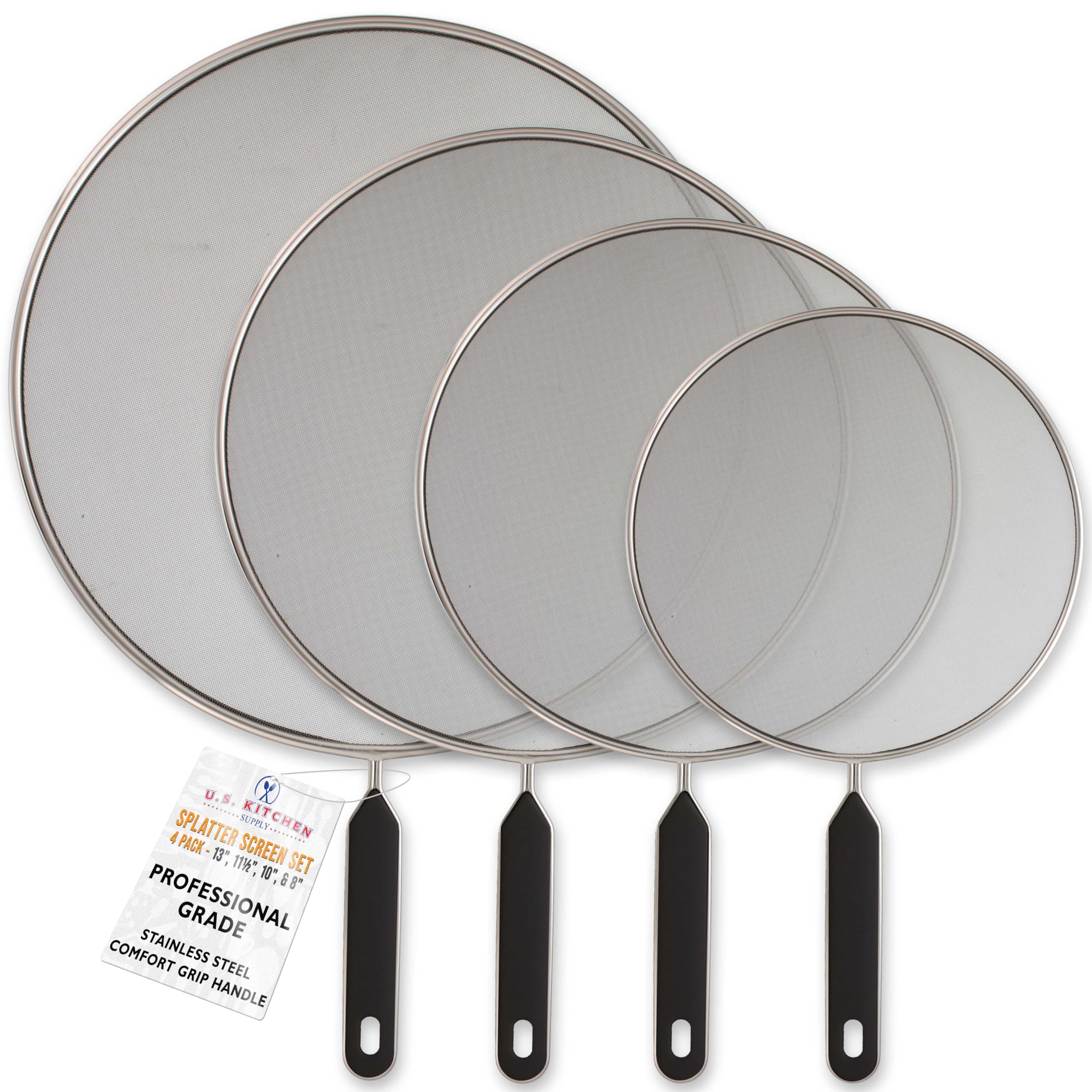 us kitchen supply 4-piece stainless steel splatter guard set 1334 11534 10348 fine mesh cover grease amp oil splatter screen for frying pan cooking pots with comfort grip handles