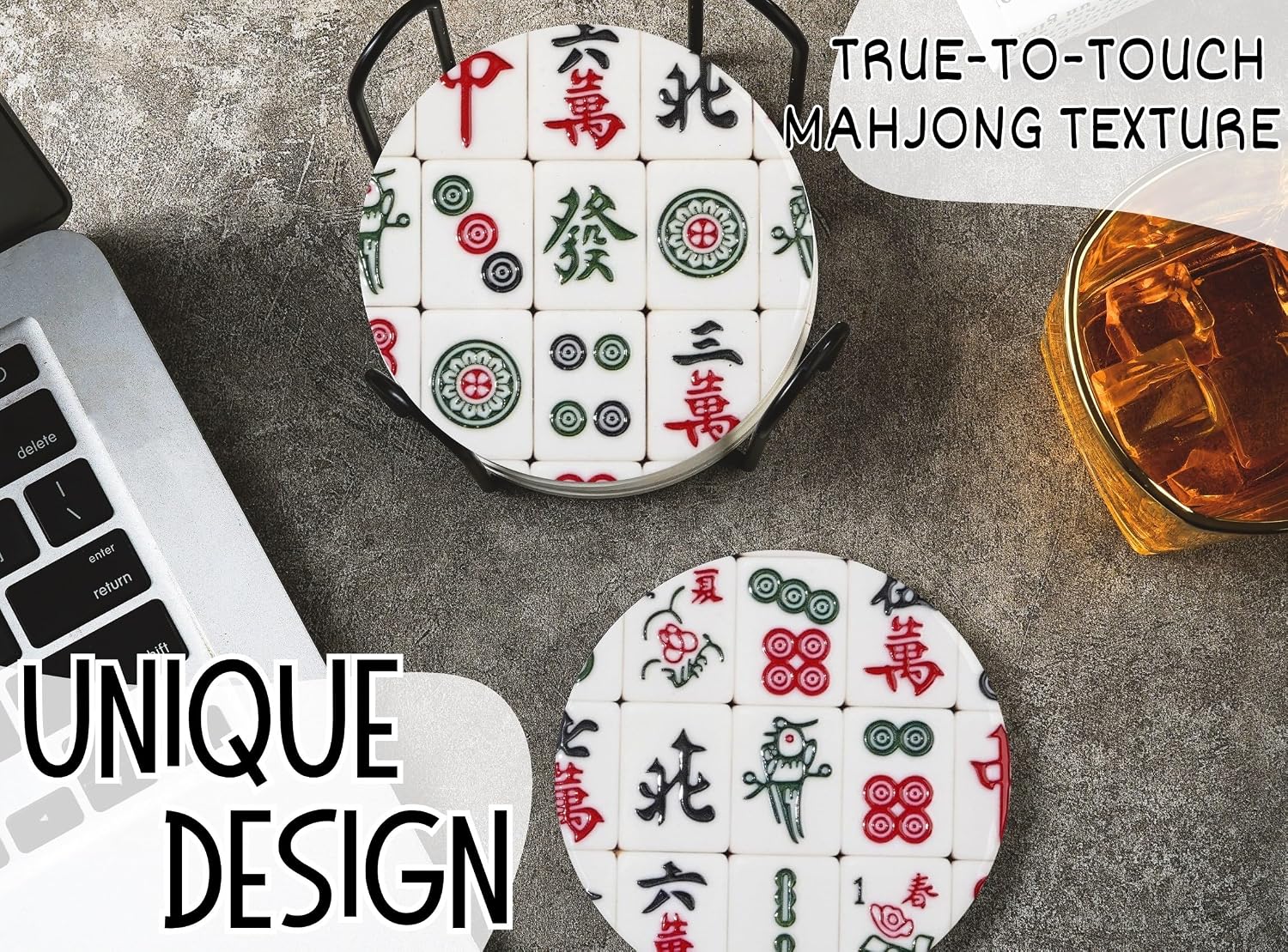 Mahjong Gifts for Women, Mah Jong Merch Coaster, Set of 6, Ceramic, Mahjong Texture with Cork Base