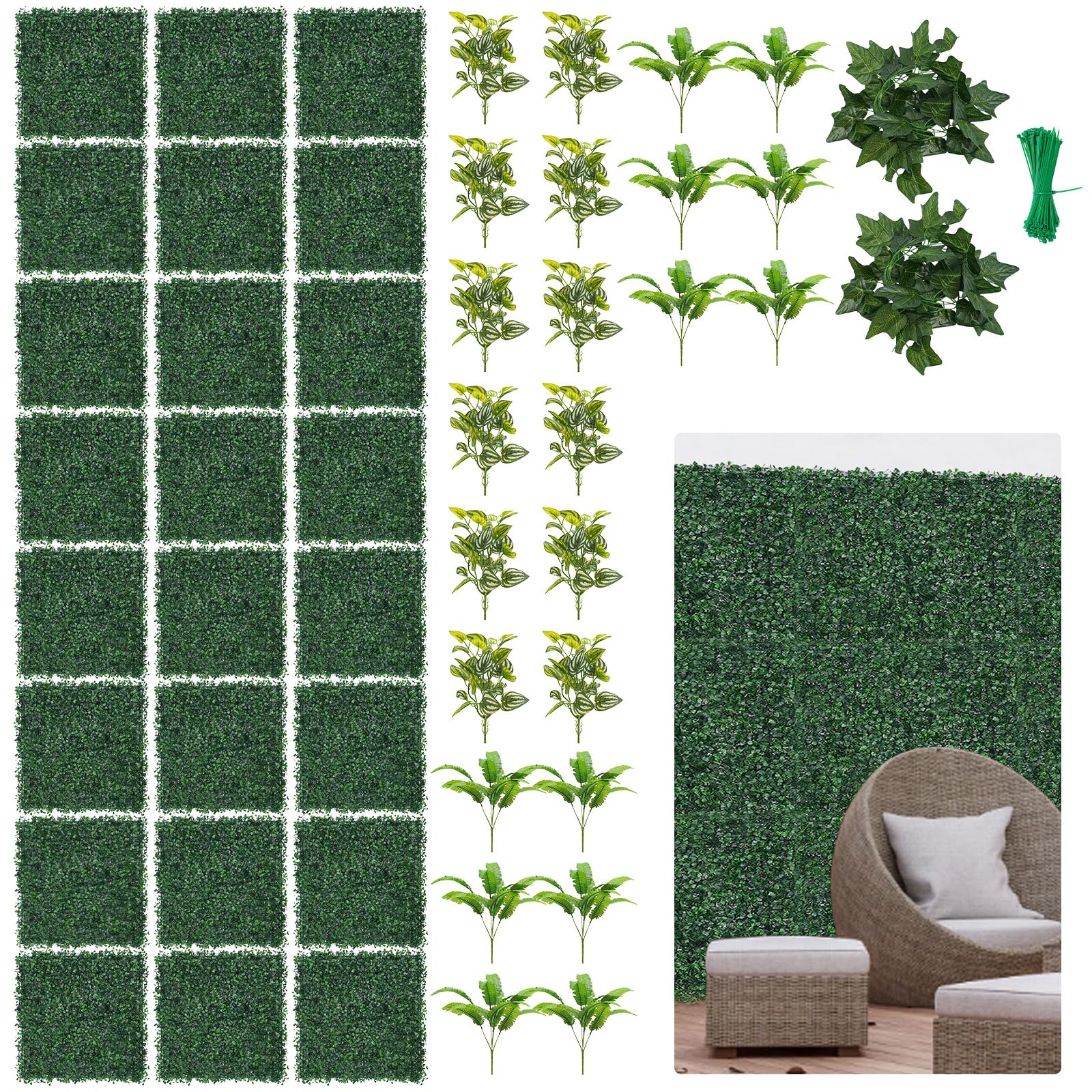 CNCEST Artificial Boxwood Panels, 24 Pcs Pe Artificial Grass Backdrop Wall, 20"X20" Boxwood Hedge Wall Panels, Privacy Hedge Screen for Decoration of Outdoor, Indoor, Garden, Fence, and Backyard