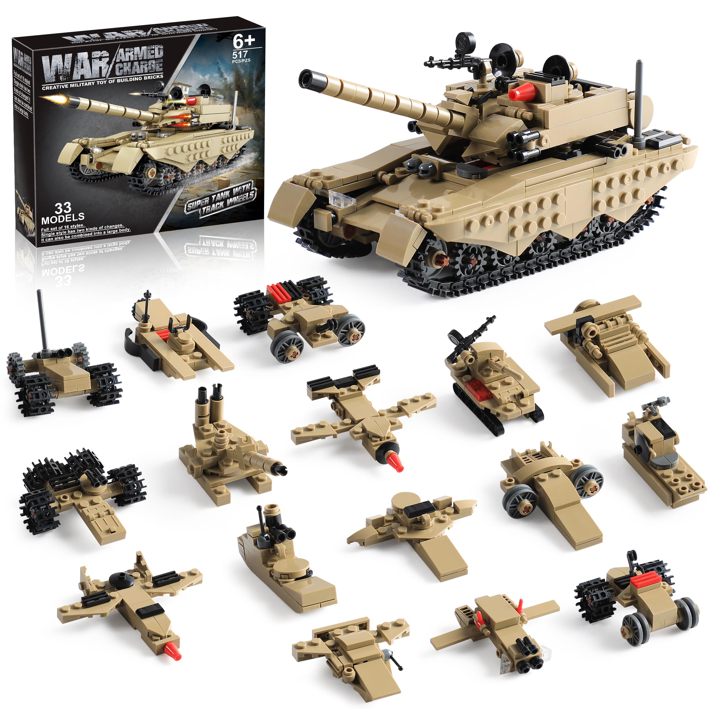 Army Tank Toy Building Blocks Set Compatible with Lego, Create a Armored Tank or 16 Small Military Models, Great Army Men Toys Gifts for Boys Kids and Teens Age 6+ Year Old