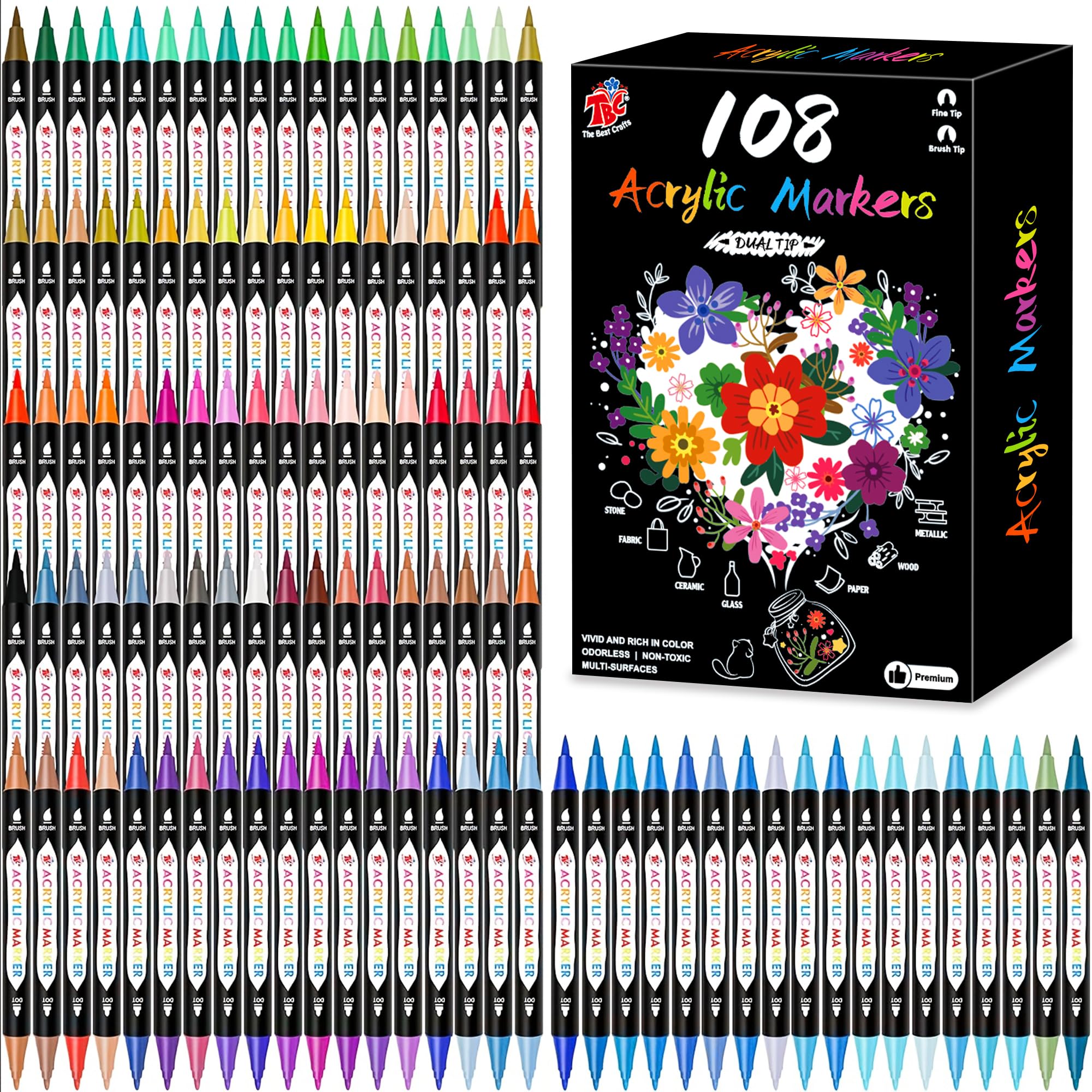 TBC The Best Crafts 108 Colors Dual Tip Acrylic Paint Markers,Waterproof, Non-Toxic, odorless, Suitable for Paper, Pottery, Stones, Backpacks, Glass (108 Colors)