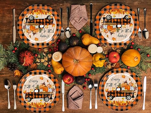 Miniatura 7 de Whaline 40 platos de papel de otoño de 9 pulgadas, platos de papel desechables a cuadros de búfalo naranja y negro, platos de papel desechables de