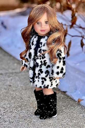 Miniatura 5 de Glamour Girl - Conjunto de muñeca de 3 piezas de 18 pulgadas - Abrigo de piel sintética de leopardo de nieve con vestido de terciopelo negro y botas