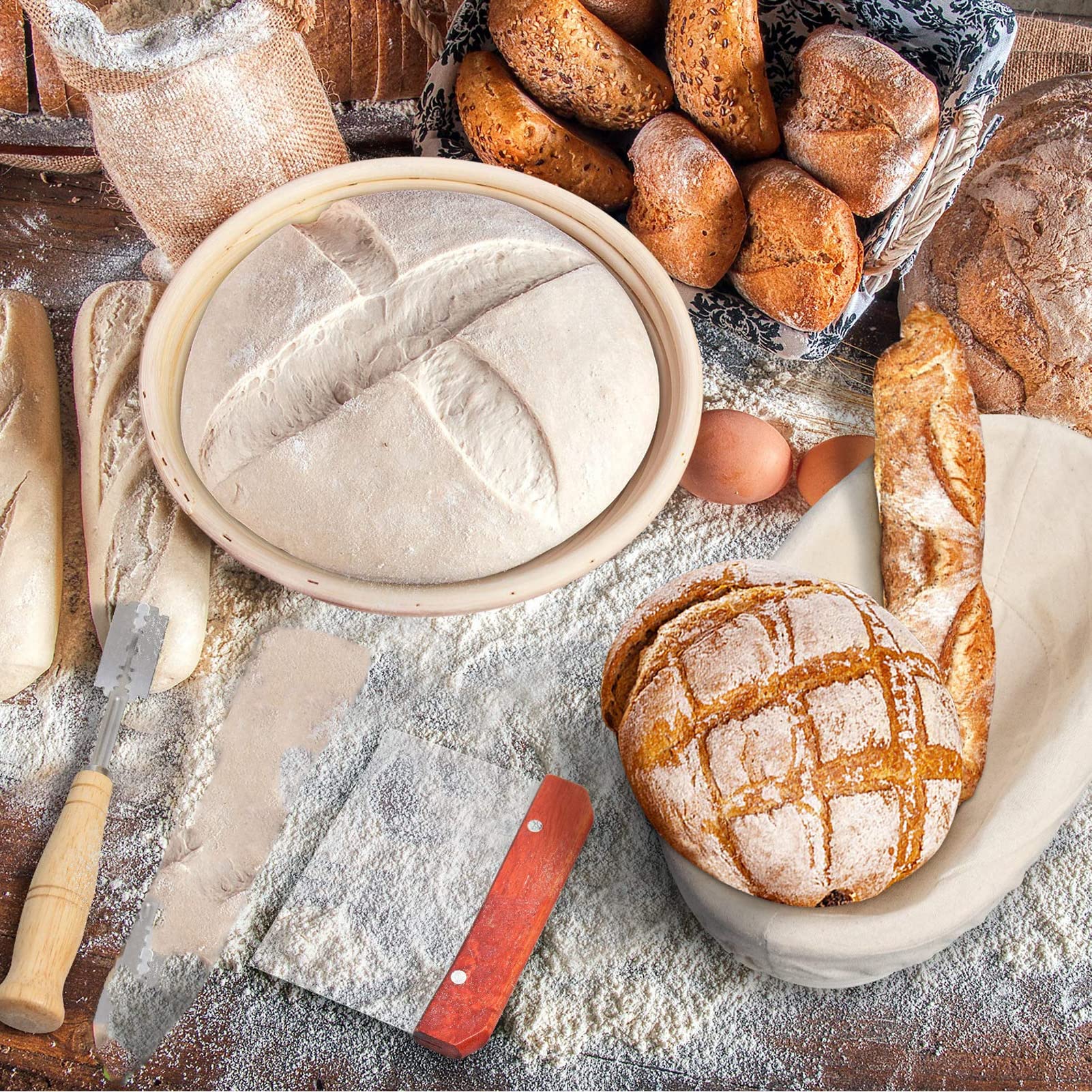 Banneton Pour Pain 23cm-Ronds Et 25cm-Ovales, Rotin Kit Patisserie Professionnel,Banneton Panier D'épreuvage Set Comprend Coupe Pate Boulangerie à Quatre Lames, 2 Tissu En Lin