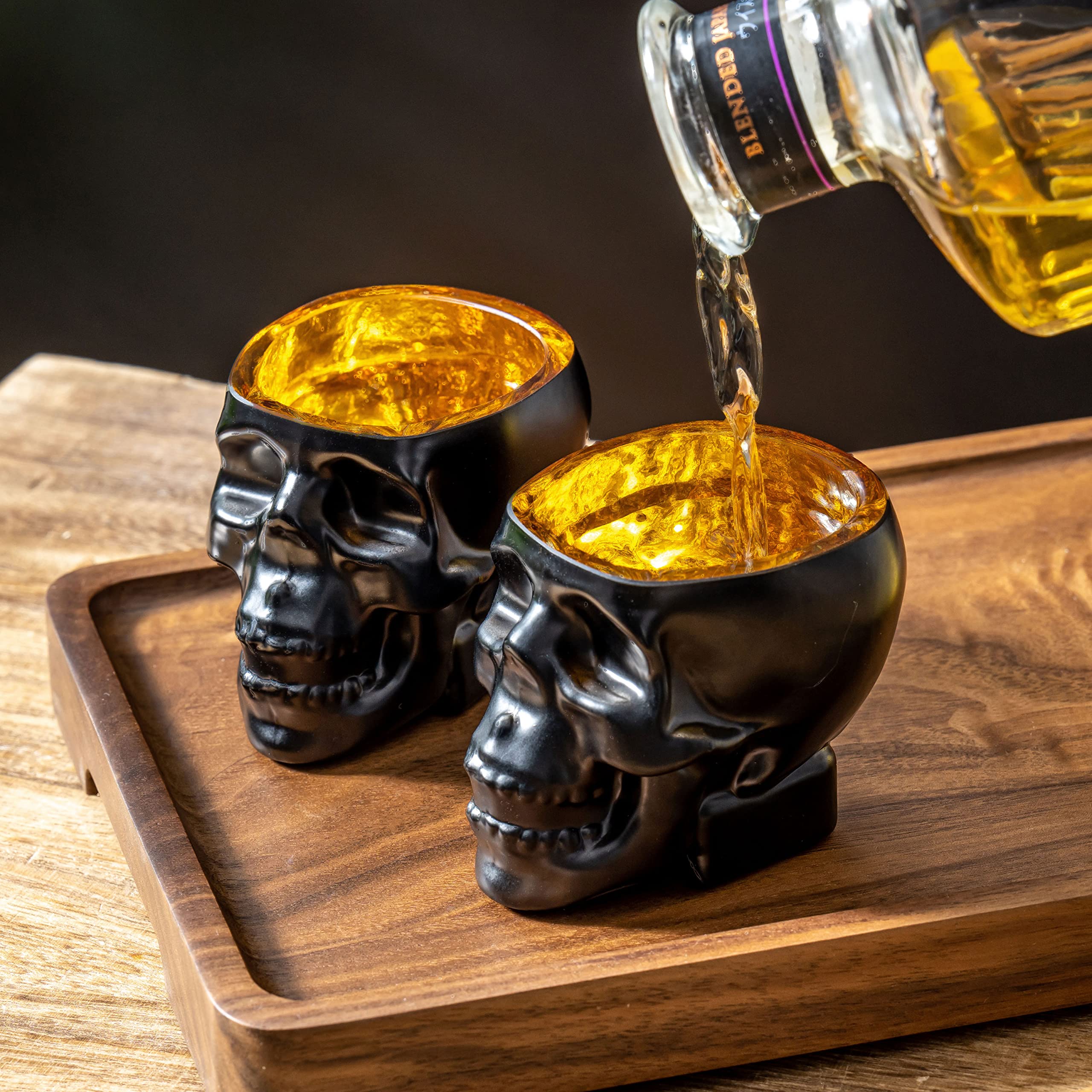 MyGift 2.8 oz Novelty Skull Shaped Shot Glasses in Matte Black and Gold Tone, Decorative Spooky Halloween Skeleton Face Liquor Shooter Glass, Set of 6