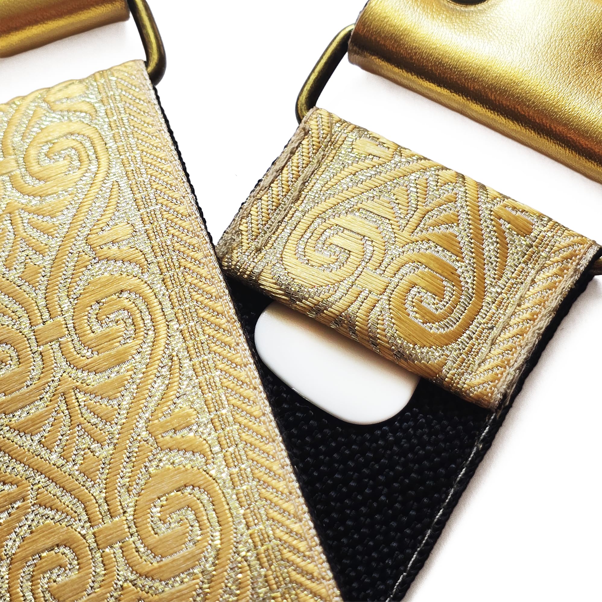 Goldener Gitarrengurt mit Plektrumhalter, Premium Gitarrengurt, E-Gitarrengurt, Lederenden, Vintage Design