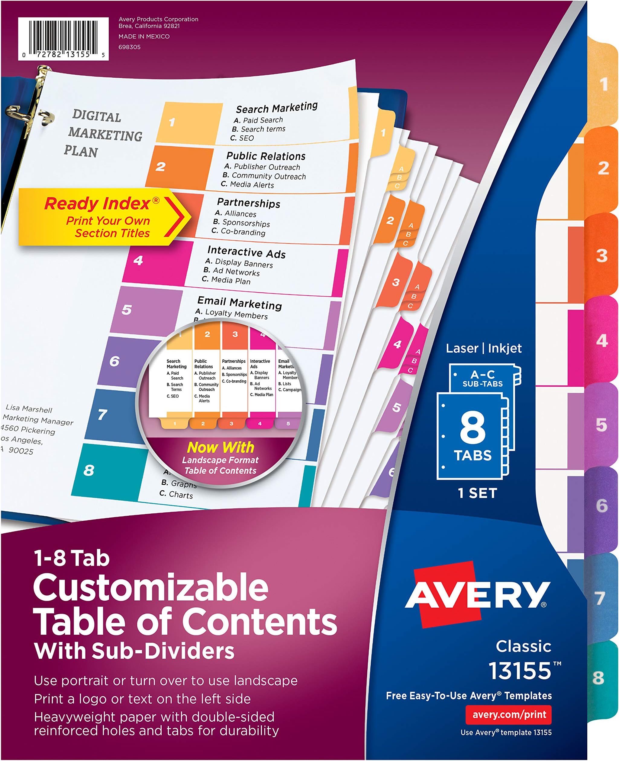 Avery Subdividing 8 Tab Dividers for 3 Ring Binders, Customizable Table of Contents, Multicolor Tabs (13155)