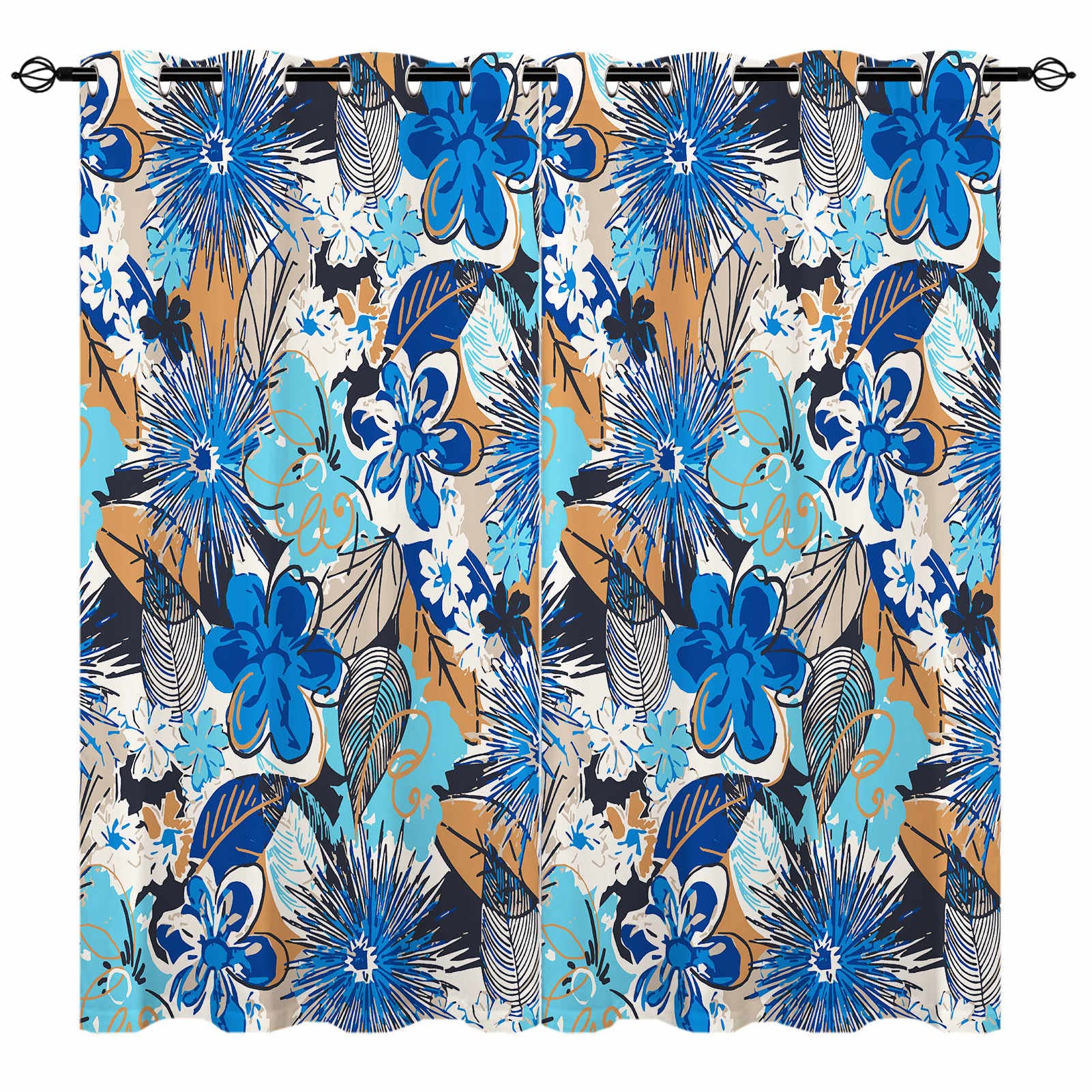 YUANZU Watercolor Curtains - Floral Leaf Colorful Mixed Blue White Grey Flowers Print Pattern Eyelet Thermal & Room Darkening Blackout Window Drapes for Bedroom Living Room 2 Panels W229cm x D229cm — image 1