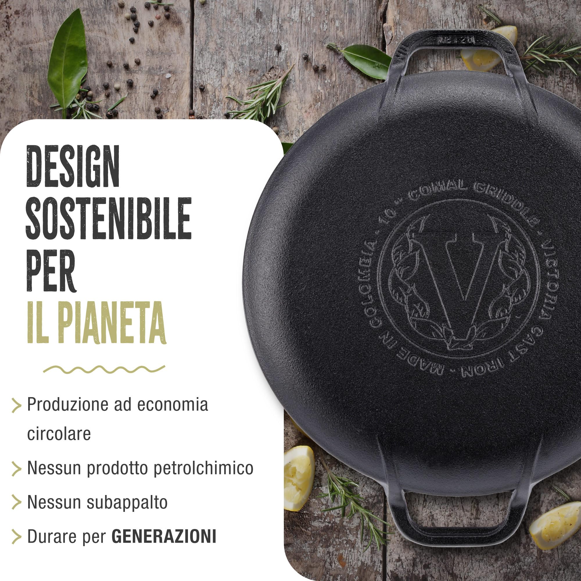 Victoria Teglia per Pizza Ghisa Smaltata, Induzione Piastra per Grigliare 25cm con Manici per Fuoco, Barbecue, Forno, Vetroceramica, Gas, Comal Priva di Sostanze Tossiche e senza PTFE