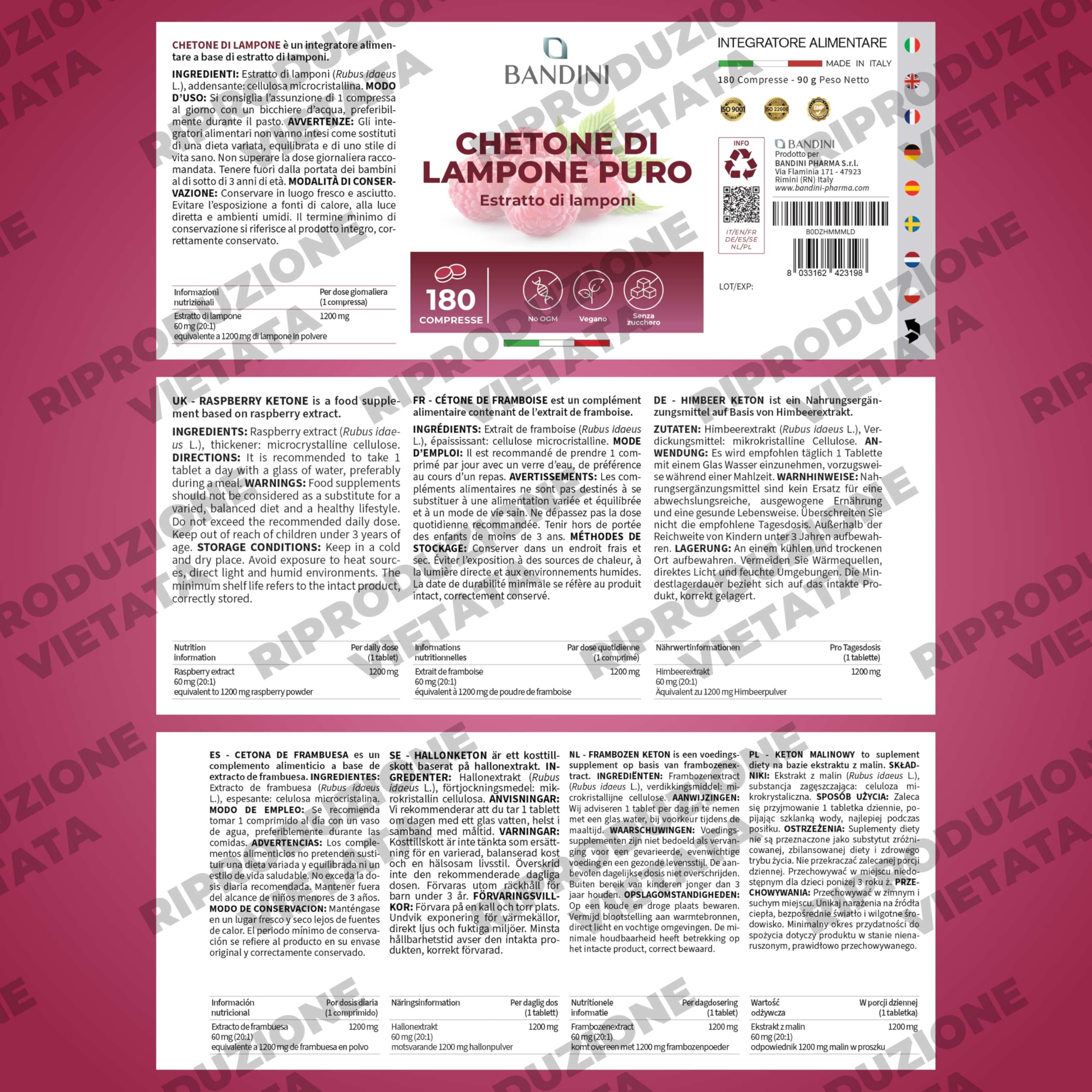 Bandini® Chetoni Esogeni di Lampone Puro 1200mg - Integratore Vegano con 180 Compresse per 6 Mesi - Vegan, Facile da Deglutire - Ideale per Dieta Keto, Low Carb e Stili di Vita Equilibrati