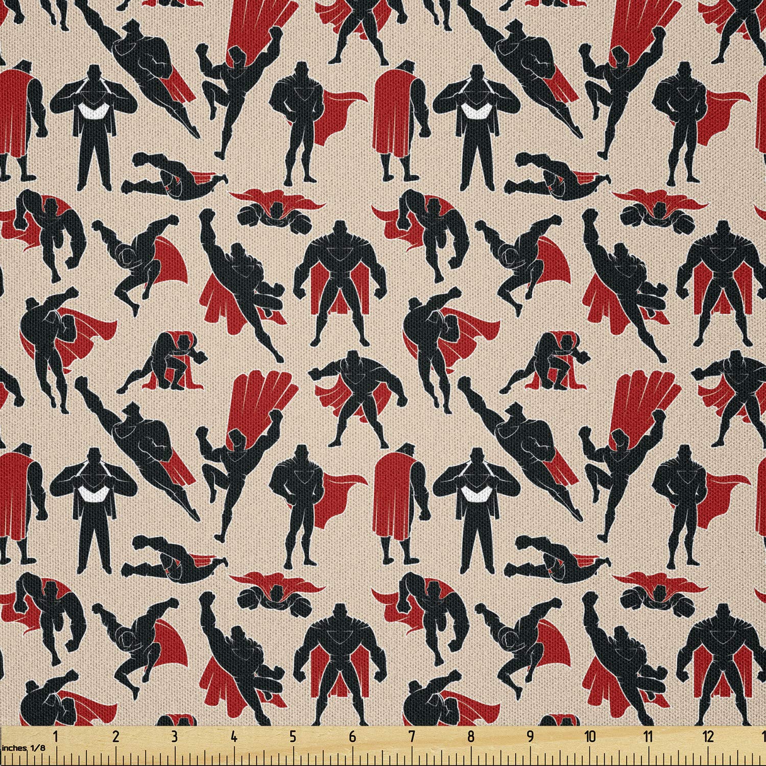 Lunarable Superhero Fabric by The Yard, Cartoon Super Man in Cape Muscular Power Hero Action Fiction Gesture Design, Microfiber Fabric for Arts and Crafts Textiles & Decor, Peach Black Red