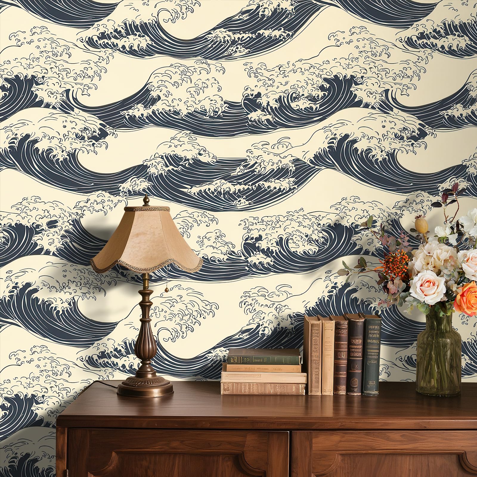 Papier peint vagues Hokusai haut de gamme texture minimaliste Stickyart