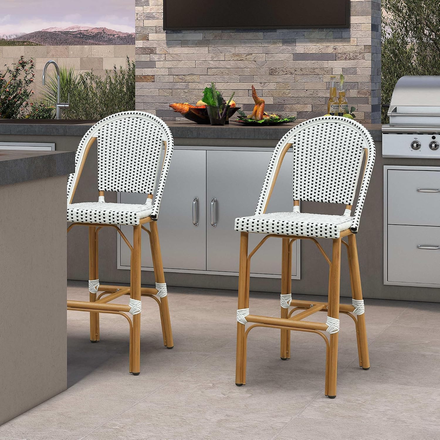 PURPLE LEAF Patio French Bar Height Stool Set of 2 Outdoor Backrest Barstools Aluminum Frame in Bamboo Finish Woven Rattan for Indoor Kitchen Garden Balcony Restaurant White