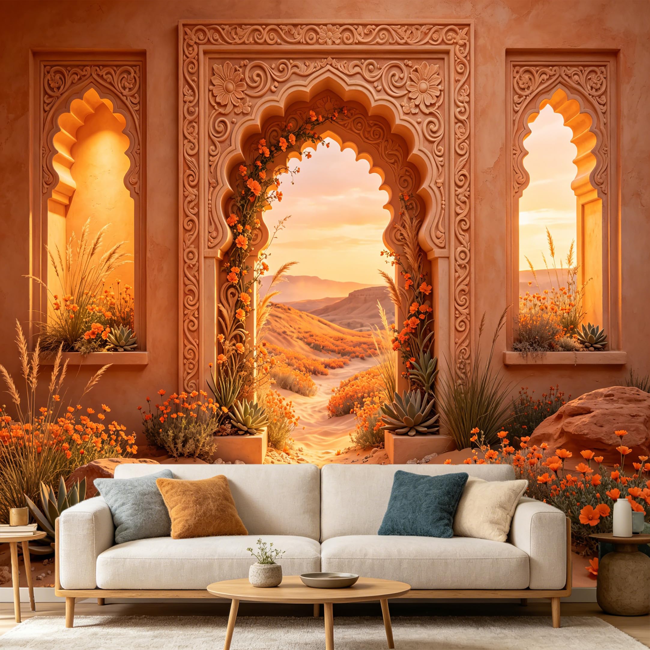 Custom Size Wall Mural， Moroccan Desert Archway Sunset Landscape， SelfAdhesive Art Prints wall Fabric Removable Large Wallpaper Home Living Room Decor 3D Textured View