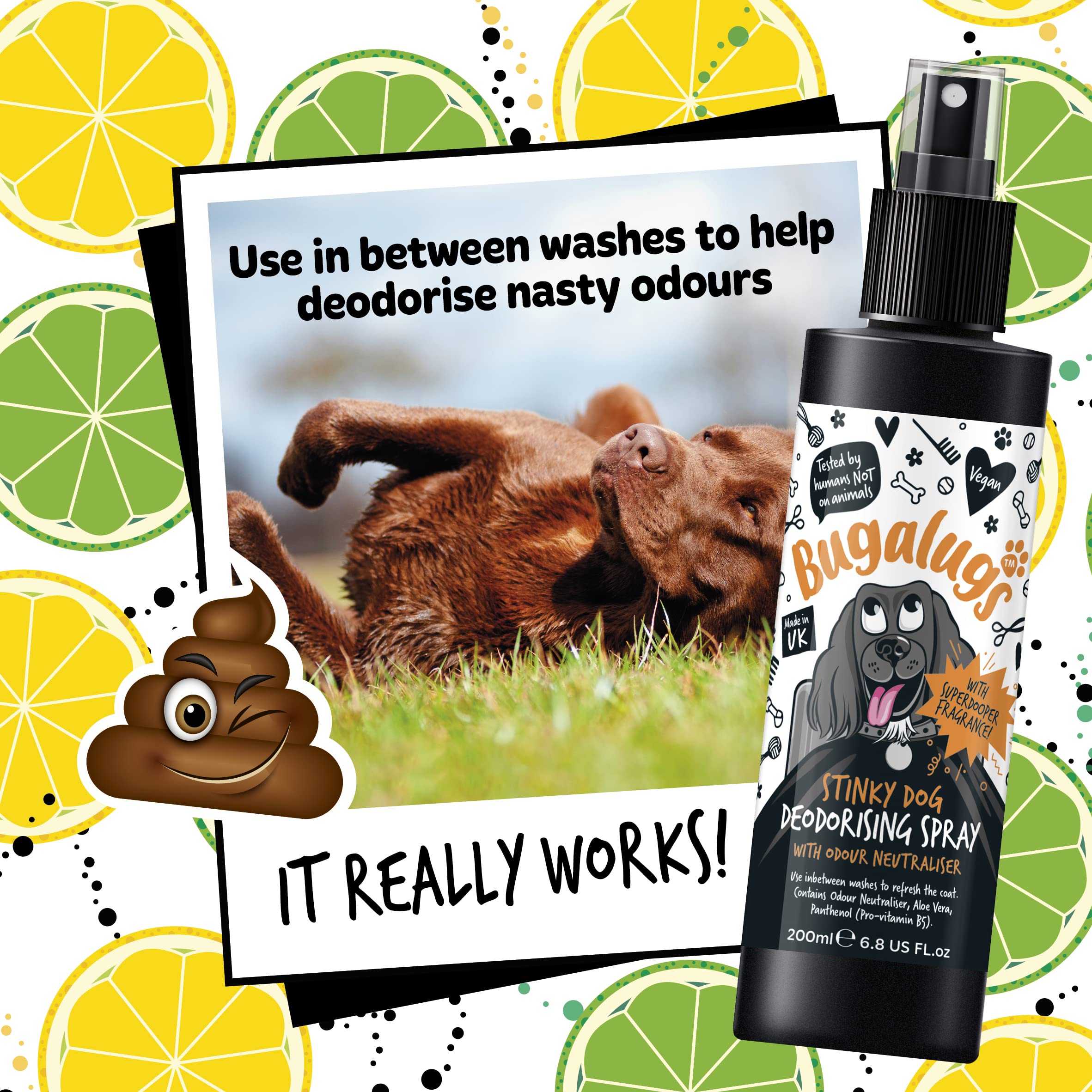 BUGALUGS Stinky Dog Deospray für Hunde, Geruchskontrolle, 200 ml, beseitigt schlechte Gerüche, frischer und langanhaltender Duft, weiche Formel, für den täglichen Gebrauch, alle Arten von Fell und