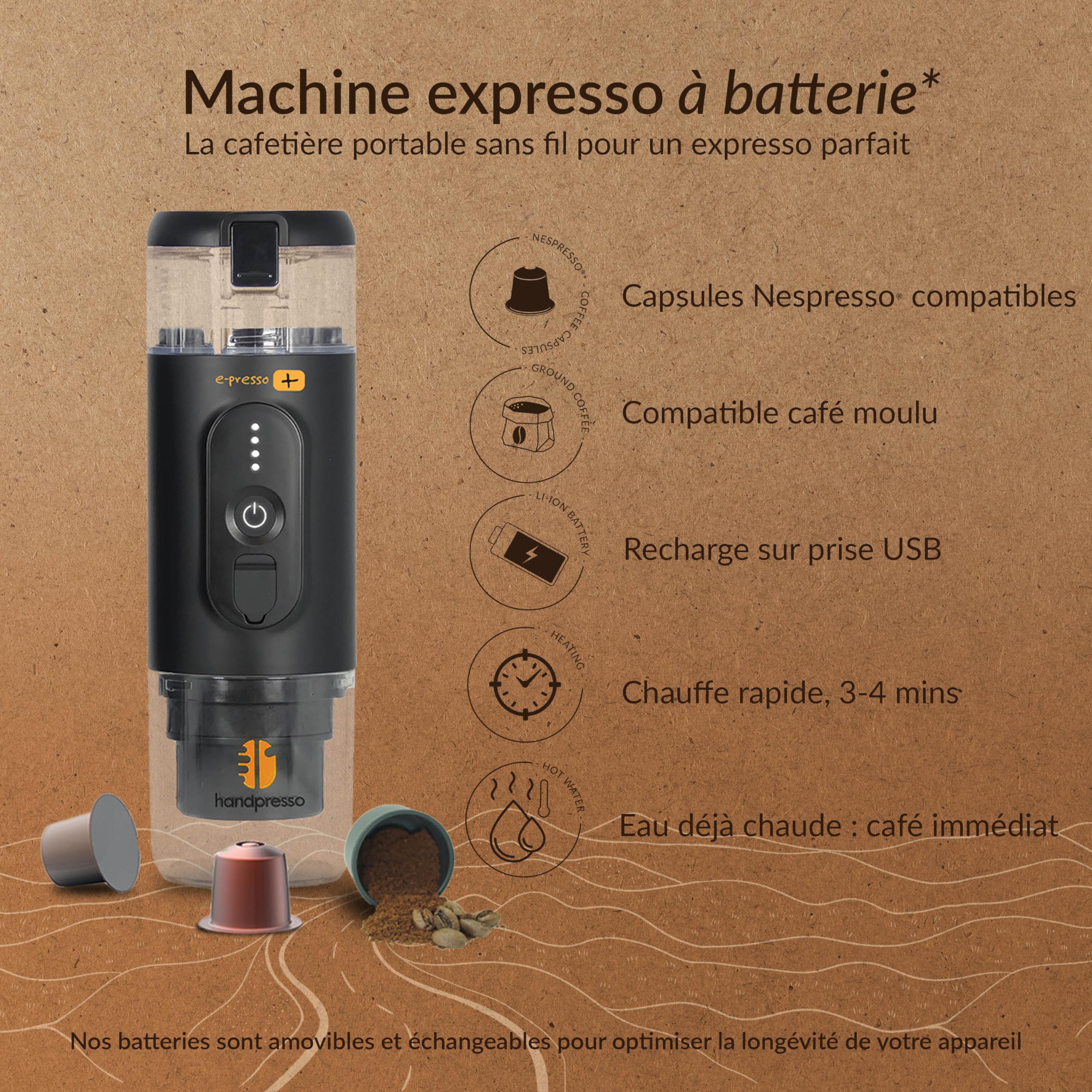 Handpresso E-Presso+ 21710 - Przenośny Ekspres do Kawy 110 ml z USB i Dużej Pojemności - do Espresso lub Mielonej, Czarny